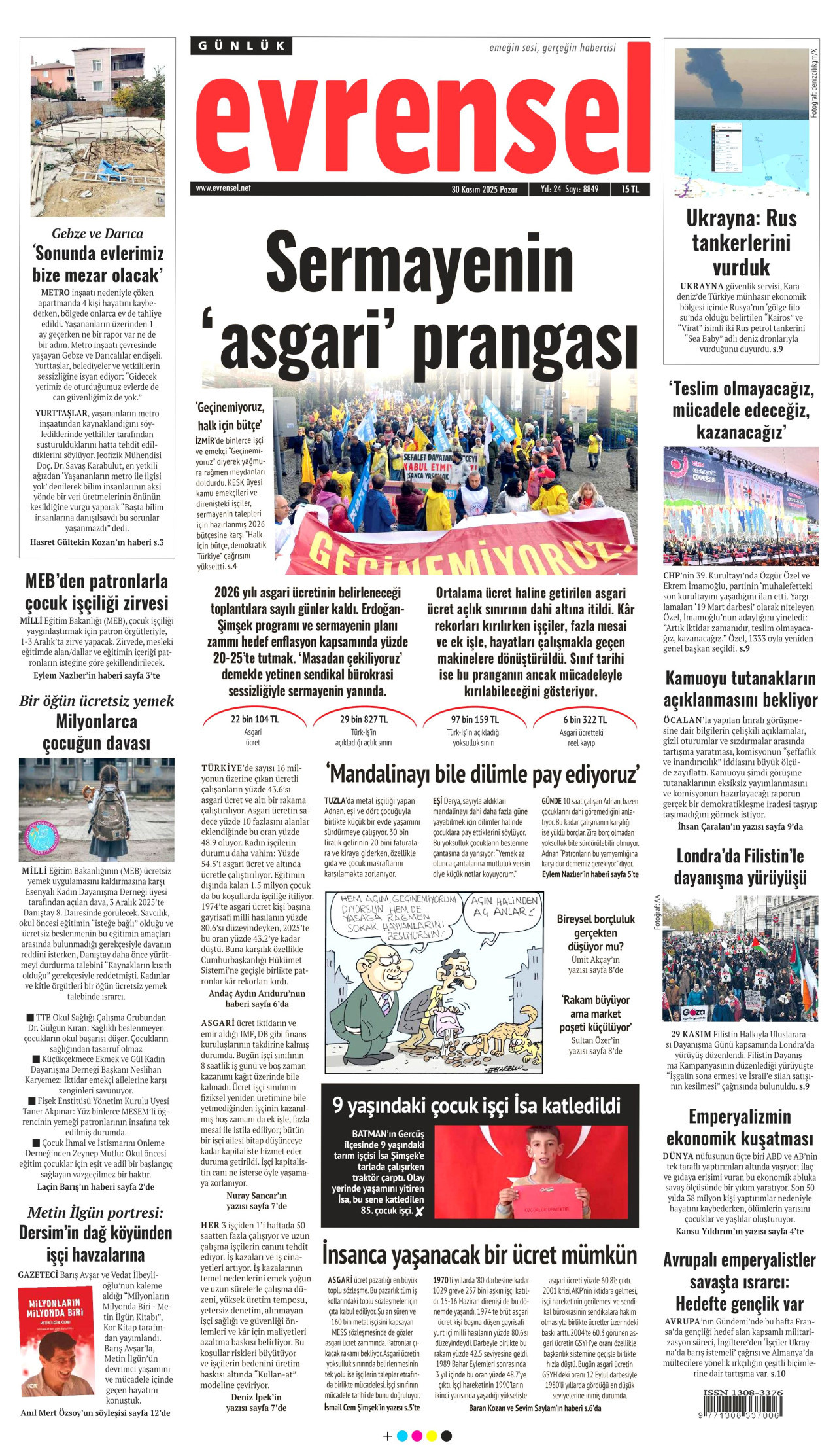 EVRENSEL gazetesinin 30 Kasım 2025 tarihli birinci sayfası