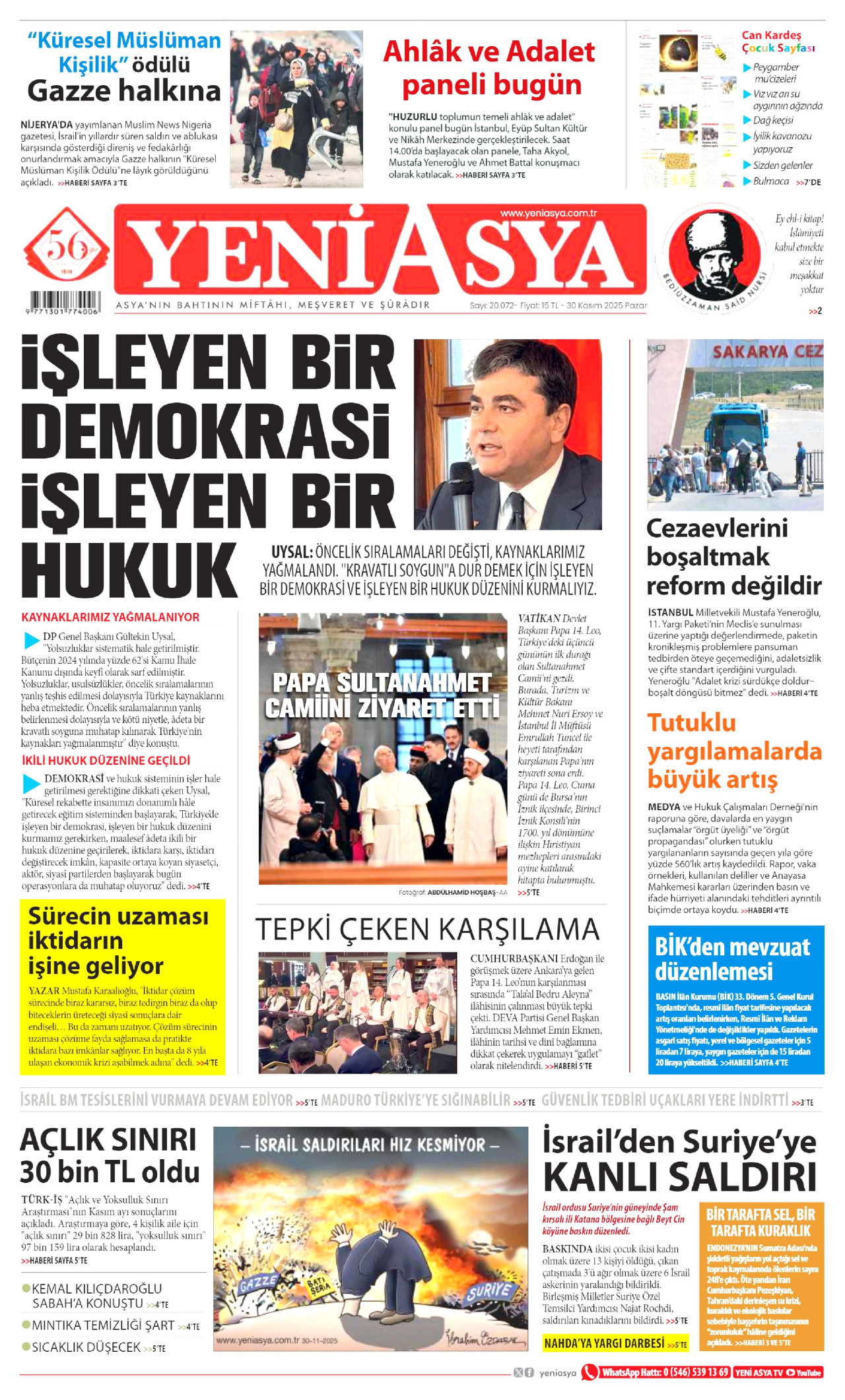 YENİ ASYA gazetesinin 30 Kasım 2025 tarihli birinci sayfası