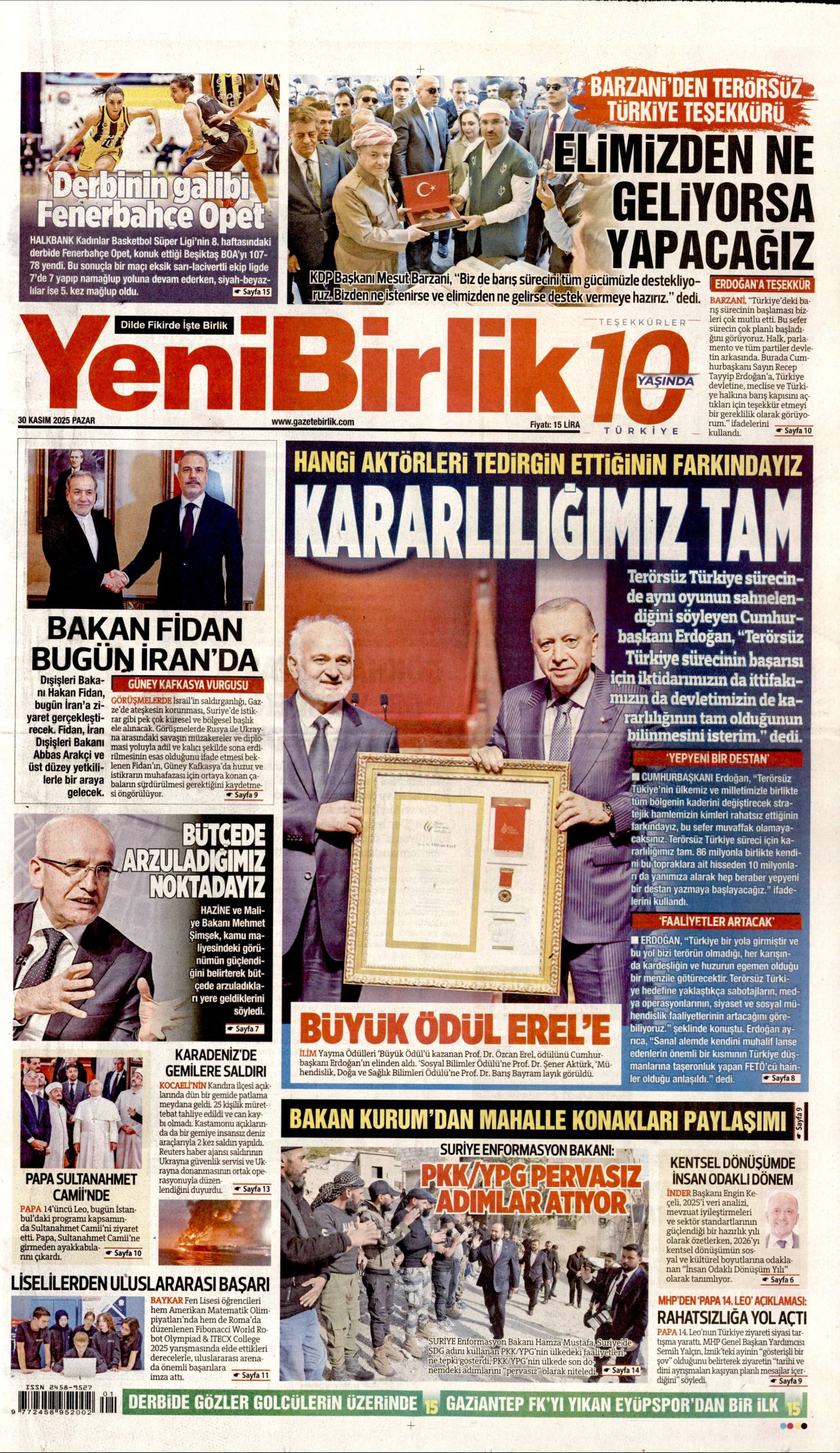 YENİBİRLİK gazetesinin 30 Kasım 2025 tarihli birinci sayfası