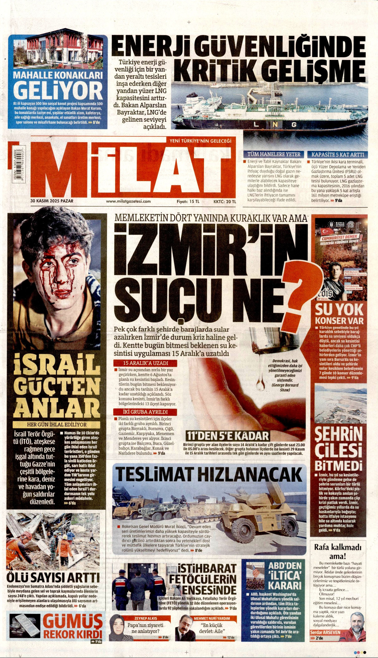 MİLAT gazetesinin 30 Kasım 2025 tarihli birinci sayfası