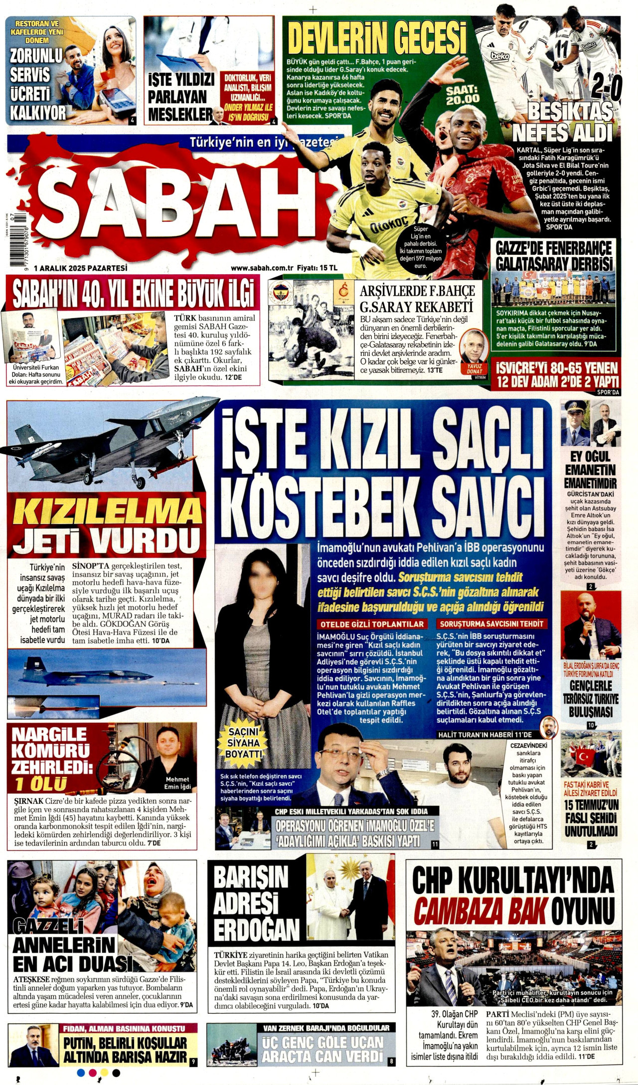 SABAH gazetesinin 1 Aralık 2025 tarihli birinci sayfası