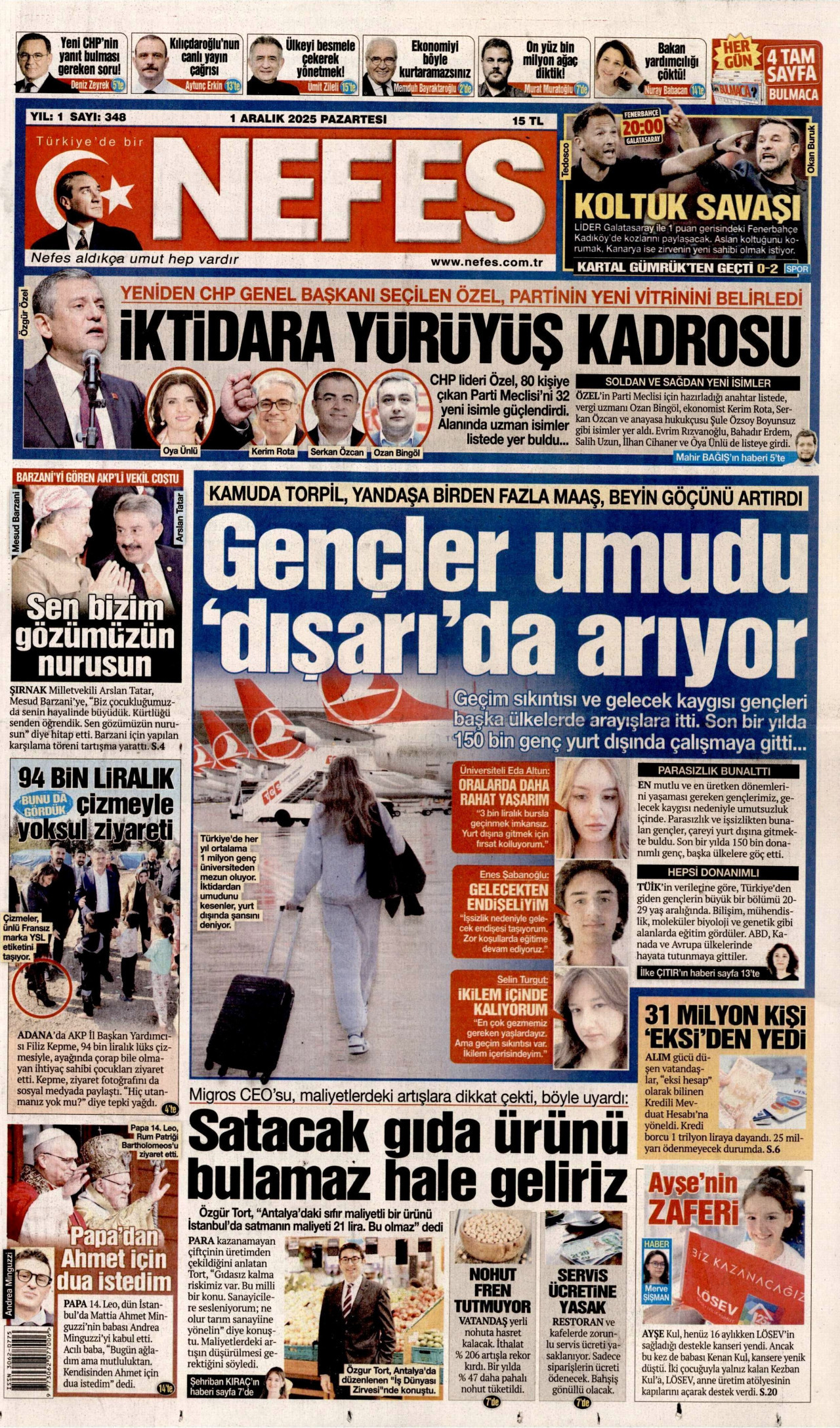 NEFES gazetesinin 1 Aralık 2025 tarihli birinci sayfası