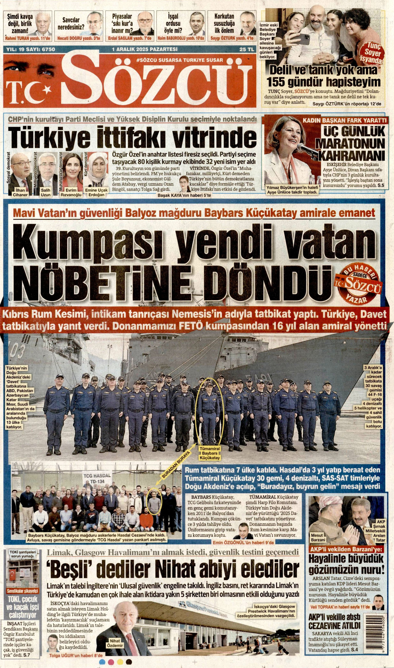 SÖZCÜ gazetesinin 1 Aralık 2025 tarihli birinci sayfası