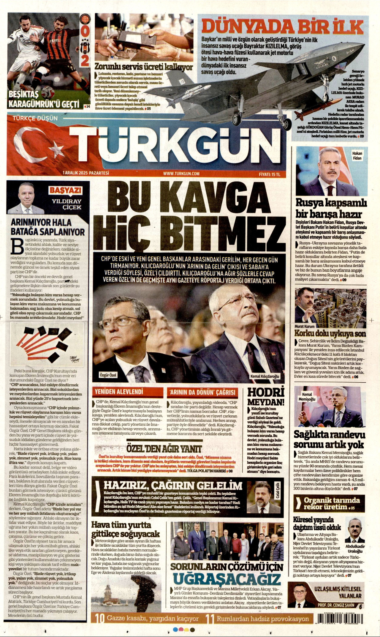 TÜRKGÜN gazetesinin 1 Aralık 2025 tarihli birinci sayfası