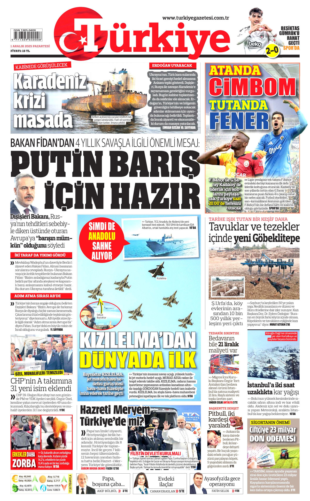 TÜRKİYE GAZETESİ gazetesinin 1 Aralık 2025 tarihli birinci sayfası