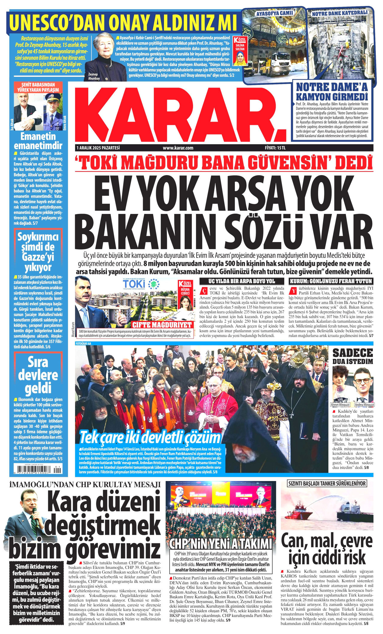 KARAR gazetesinin 1 Aralık 2025 tarihli birinci sayfası