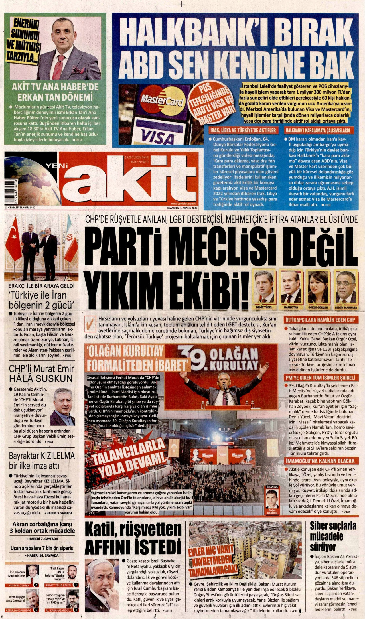 YENİ AKİT gazetesinin 1 Aralık 2025 tarihli birinci sayfası