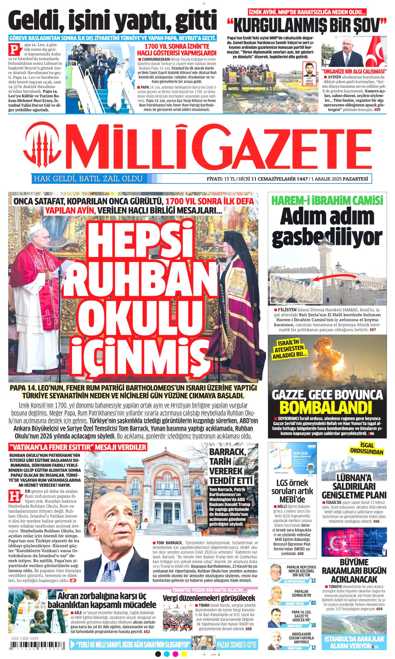 MİLLİ GAZETE gazetesinin 1 Aralık 2025 tarihli birinci sayfası