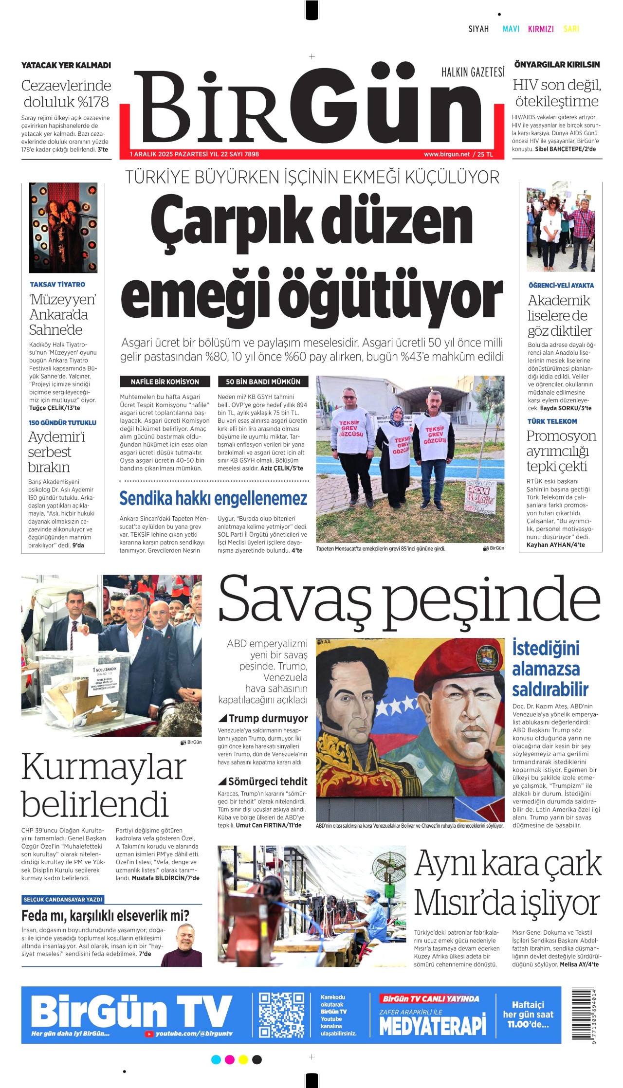 BİRGÜN gazetesinin 1 Aralık 2025 tarihli birinci sayfası