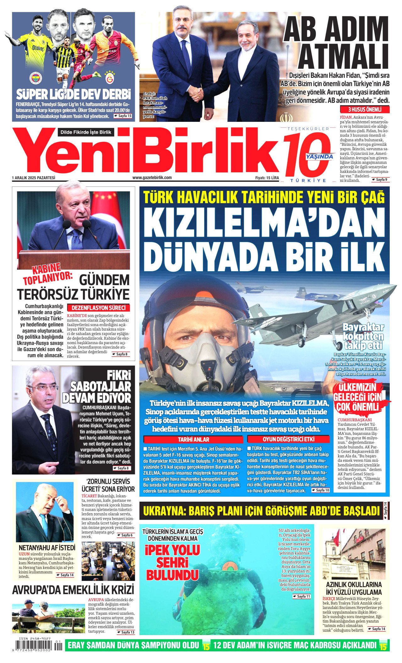 YENİBİRLİK gazetesinin 1 Aralık 2025 tarihli birinci sayfası