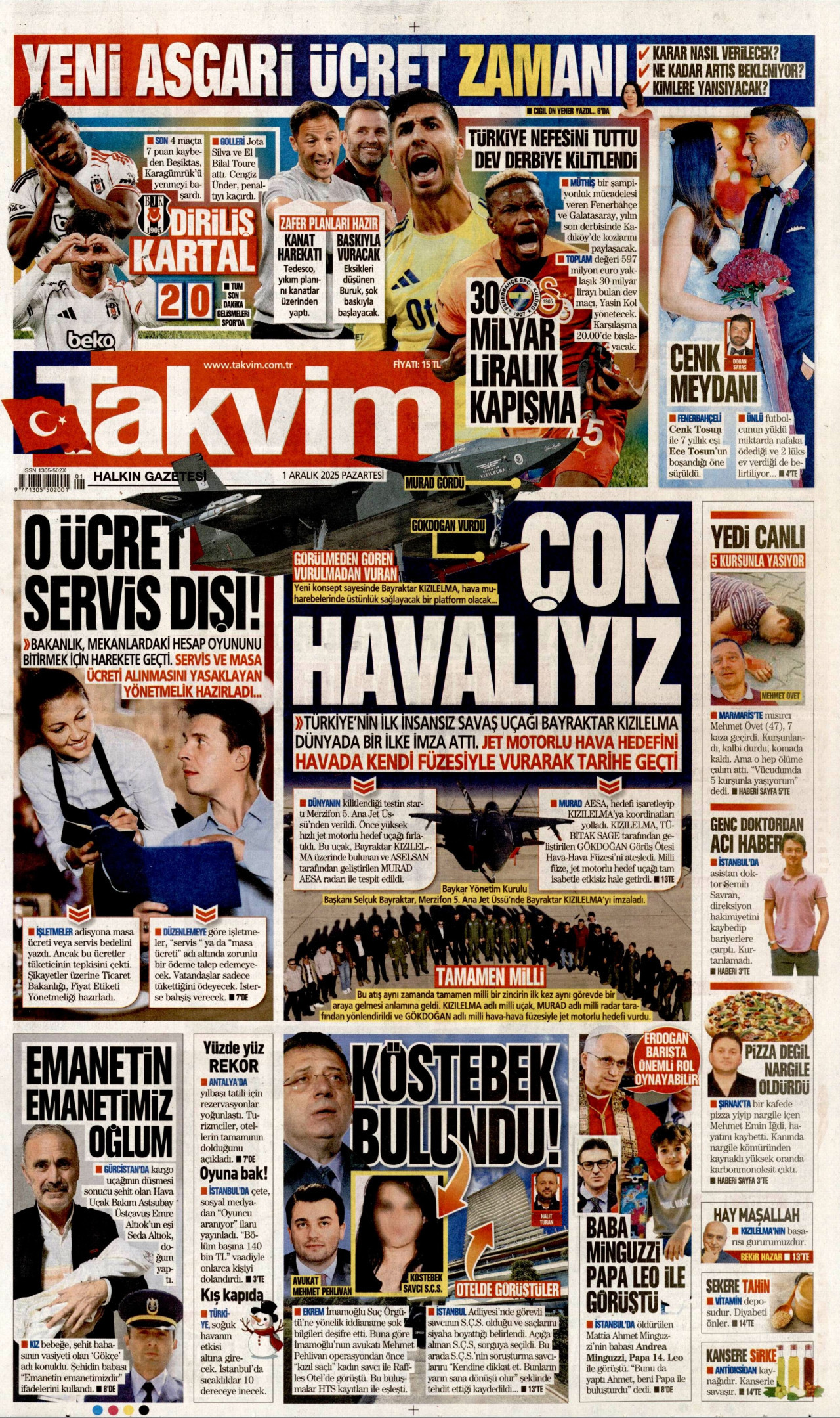 TAKVİM gazetesinin 1 Aralık 2025 tarihli birinci sayfası