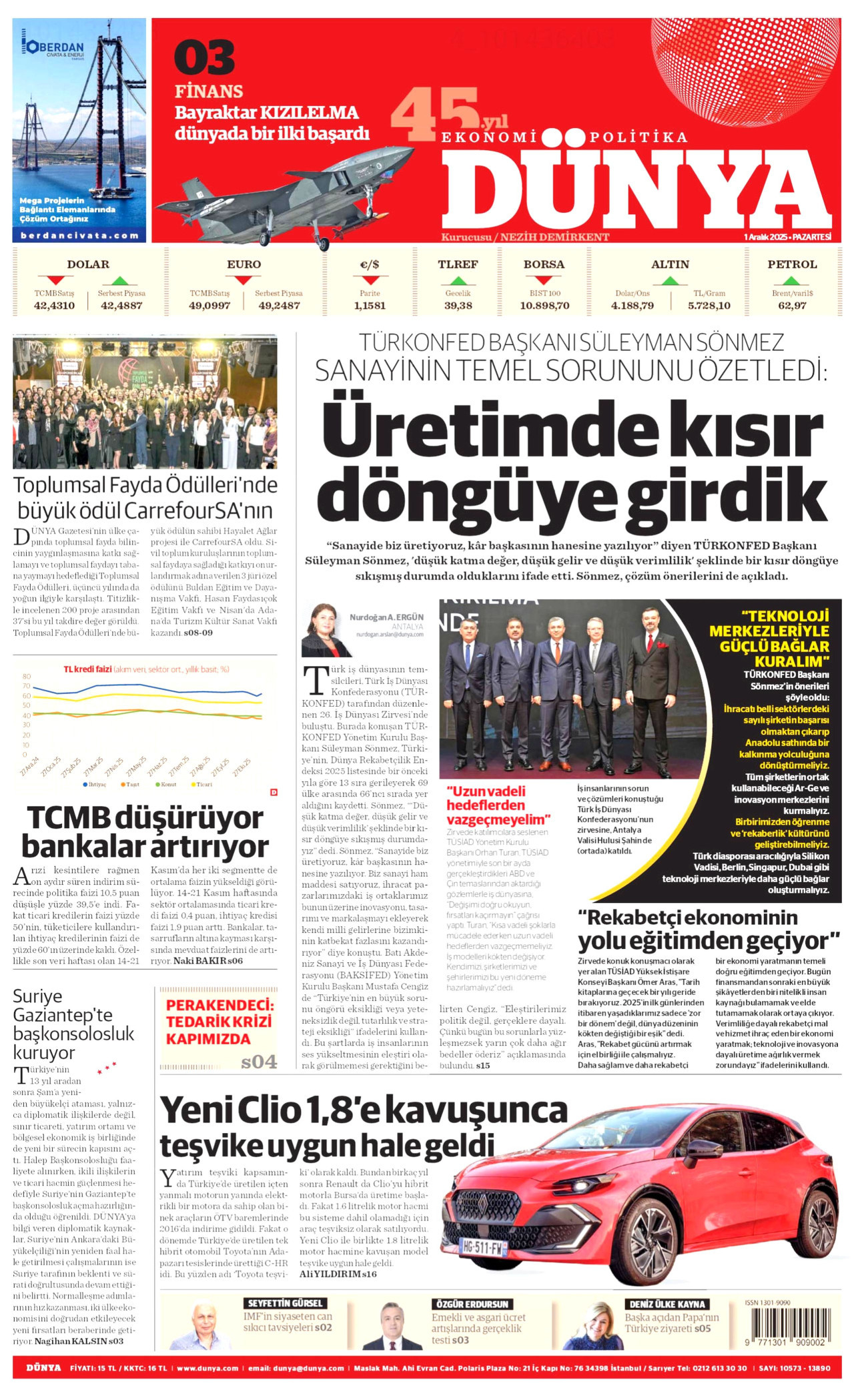 DÜNYA gazetesinin 1 Aralık 2025 tarihli birinci sayfası