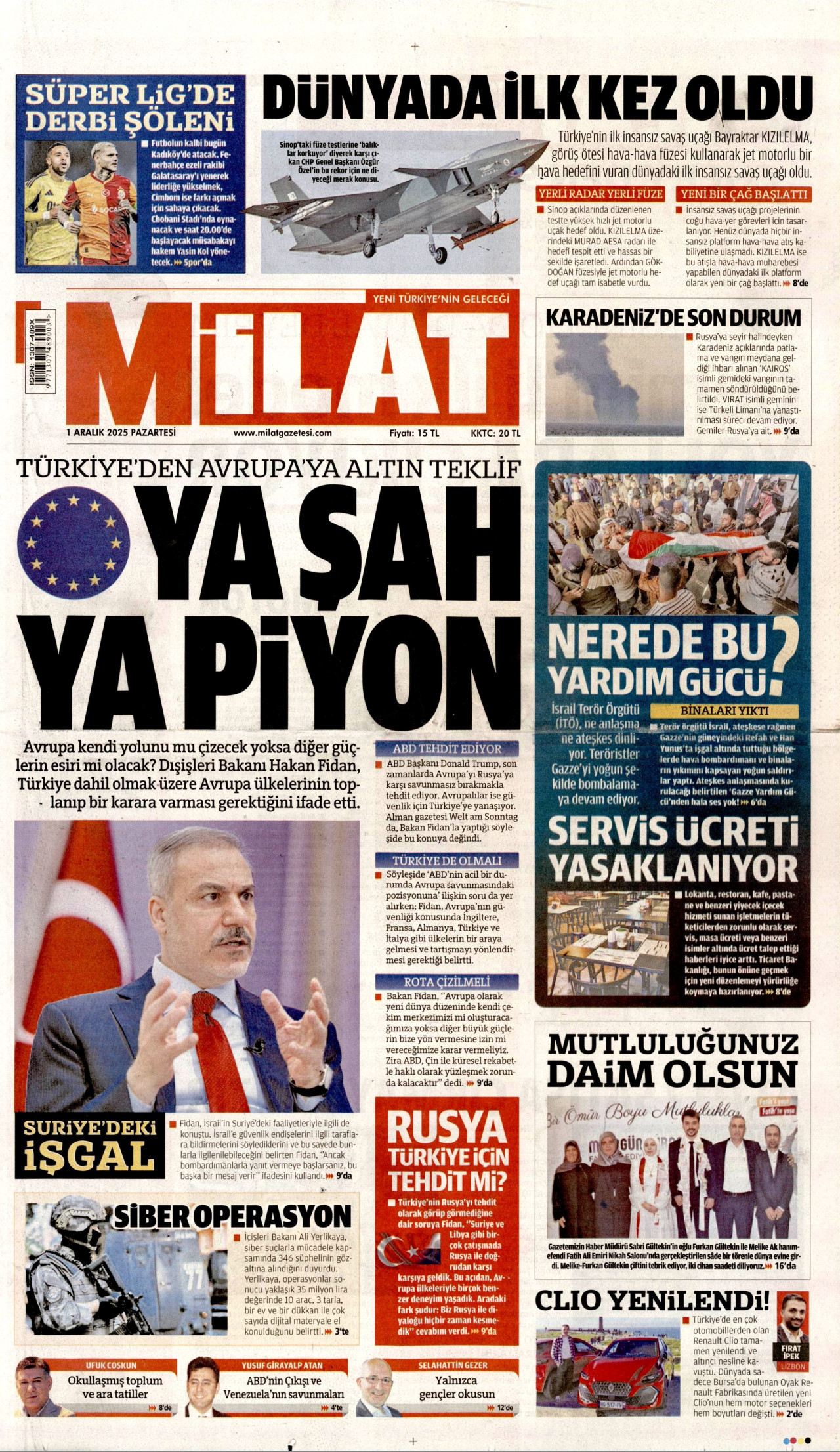 MİLAT gazetesinin 1 Aralık 2025 tarihli birinci sayfası