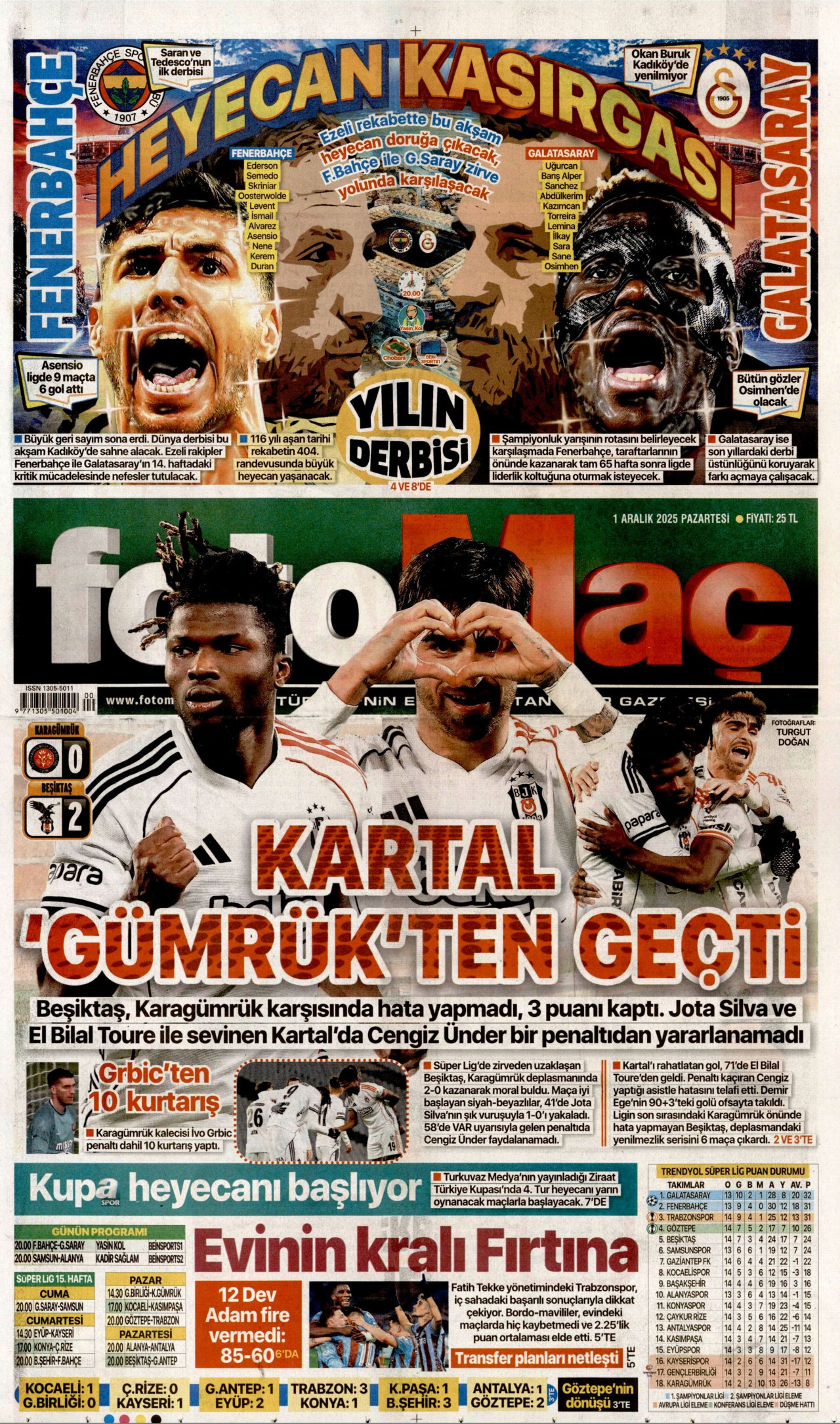 FOTOMAÇ gazetesinin 1 Aralık 2025 tarihli birinci sayfası