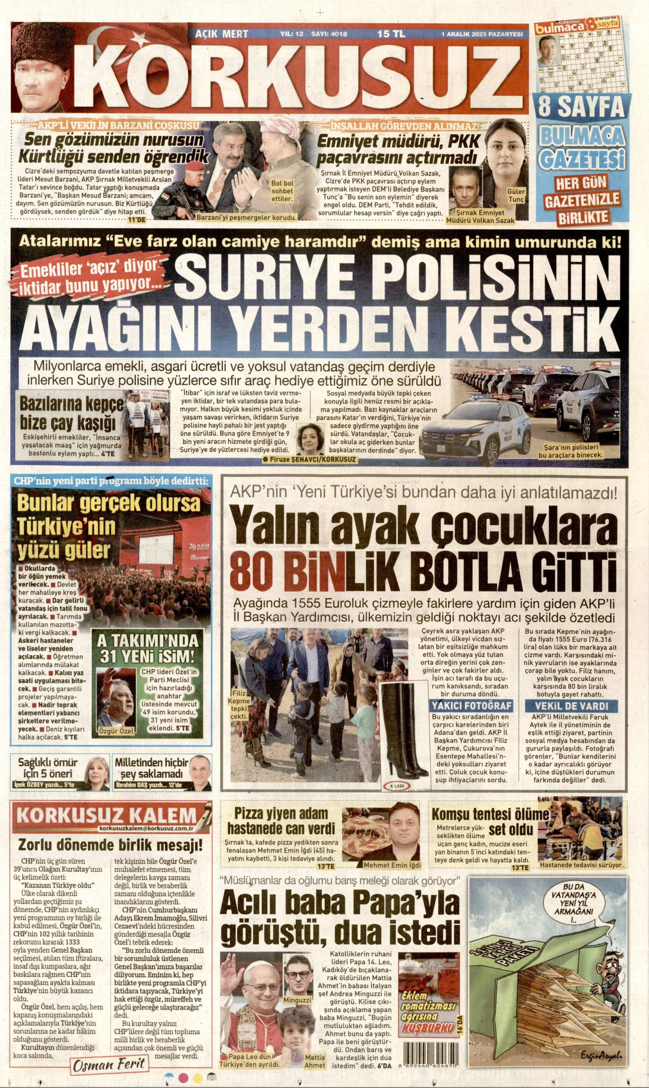 KORKUSUZ gazetesinin 1 Aralık 2025 tarihli birinci sayfası