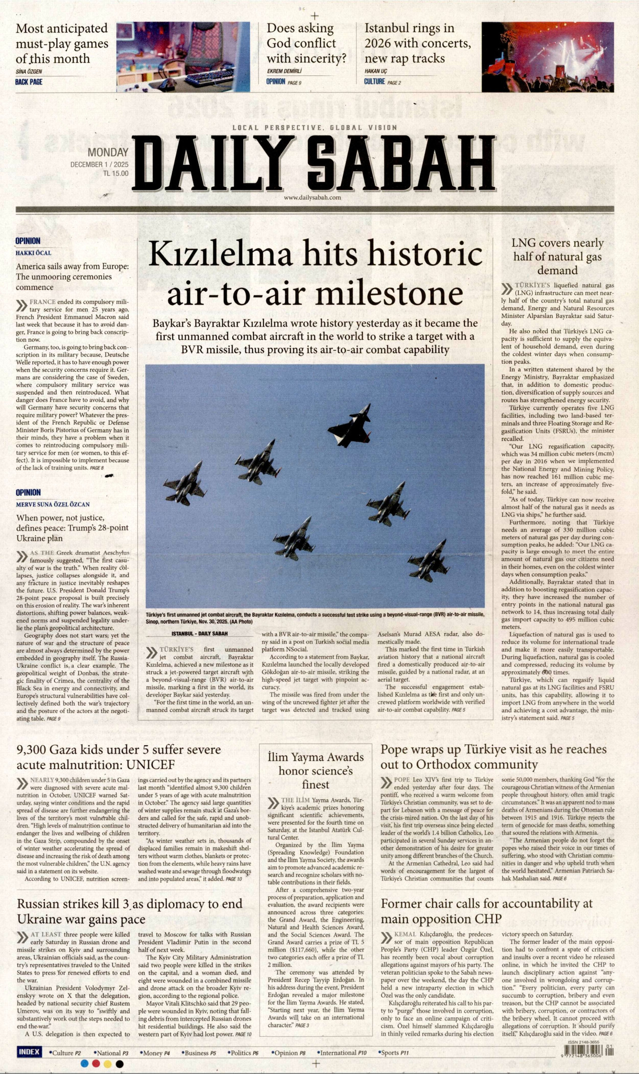 DAİLY SABAH gazetesinin 1 Aralık 2025 tarihli birinci sayfası