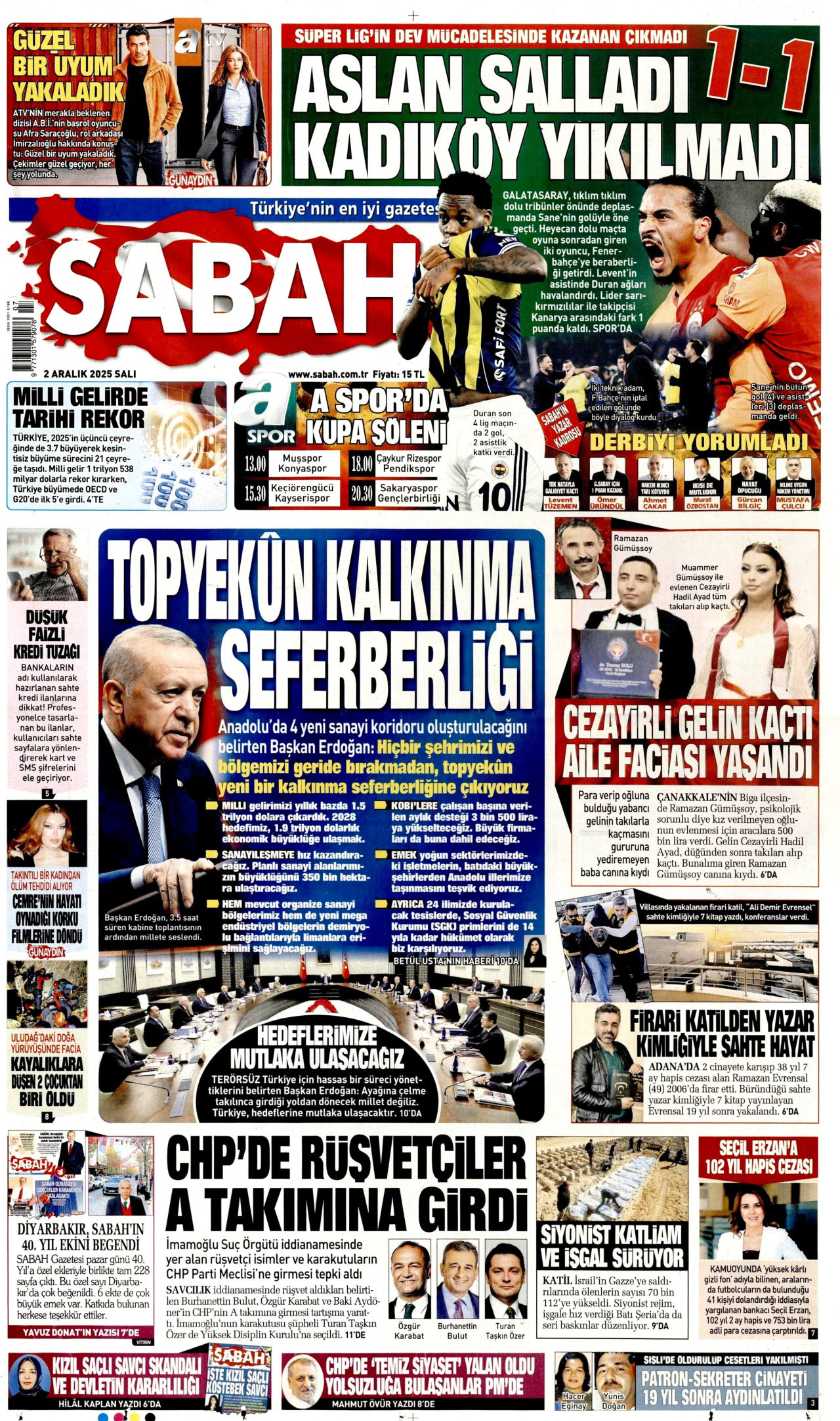SABAH gazetesinin 2 Aralık 2025 tarihli birinci sayfası