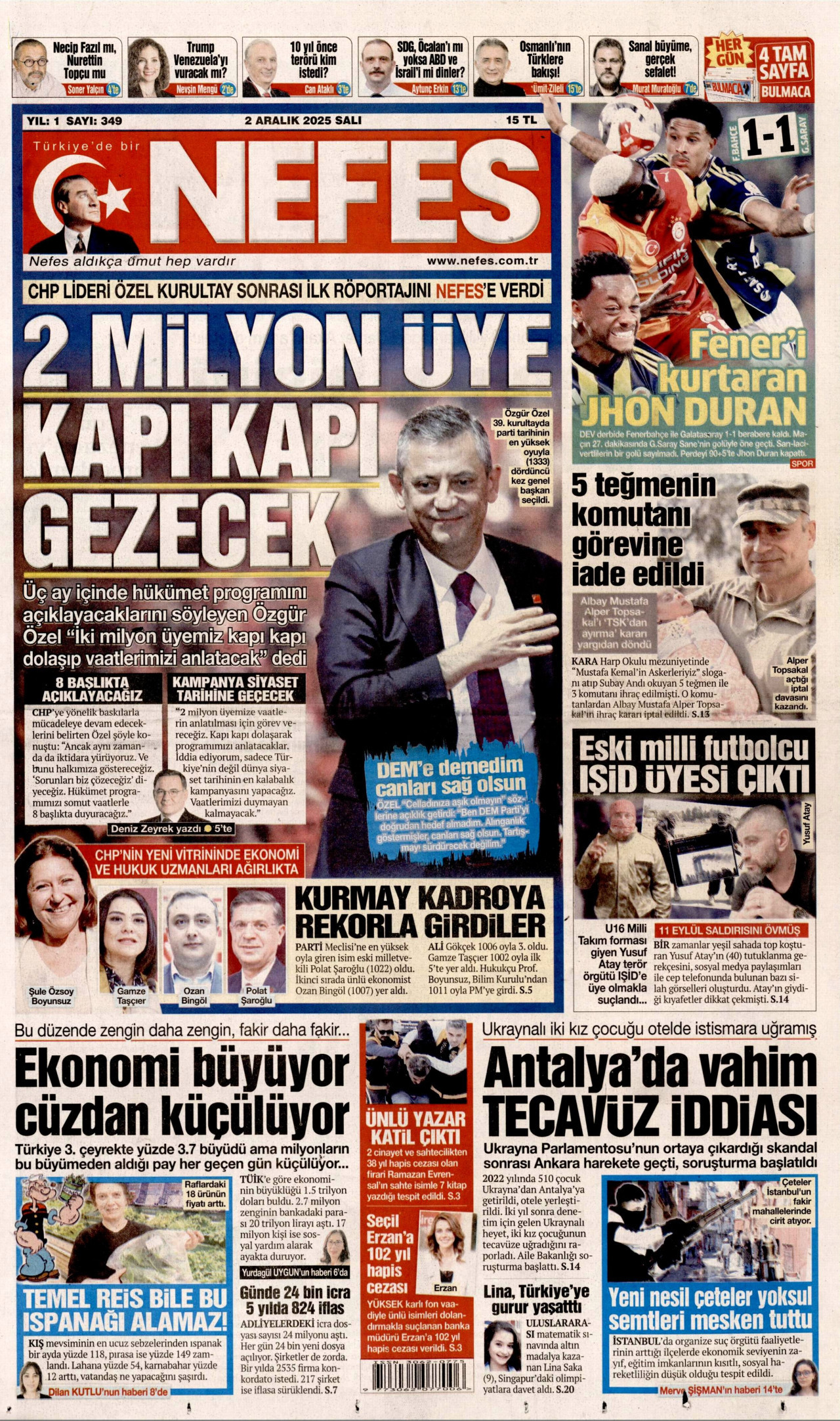 NEFES gazetesinin 2 Aralık 2025 tarihli birinci sayfası