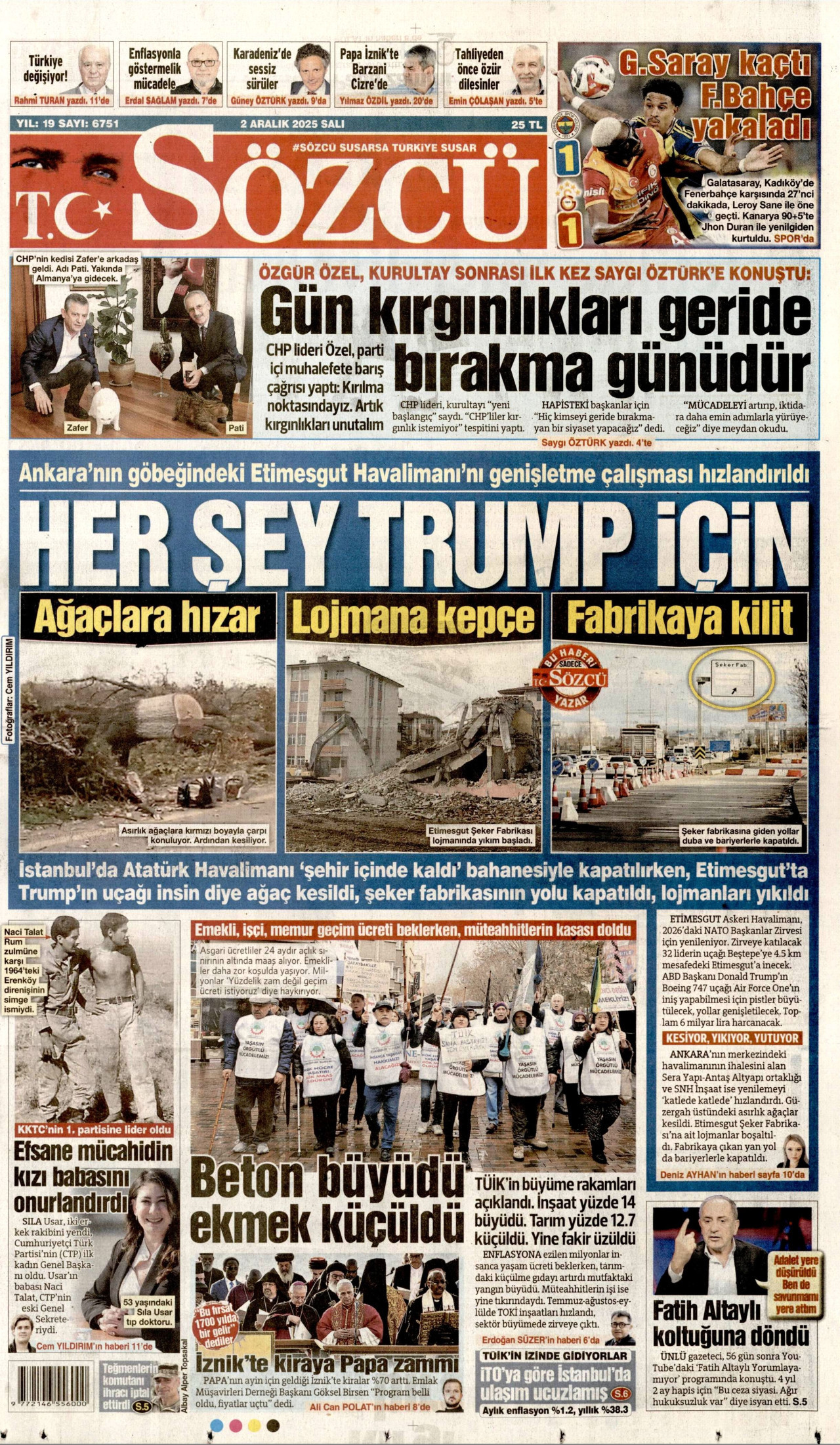 SÖZCÜ gazetesinin 2 Aralık 2025 tarihli birinci sayfası