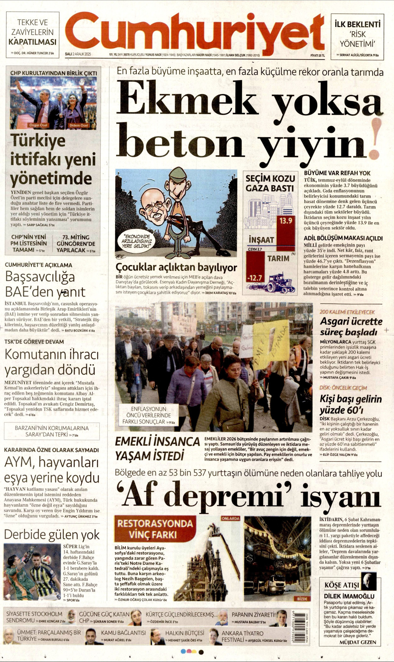CUMHURİYET gazetesinin 2 Aralık 2025 tarihli birinci sayfası