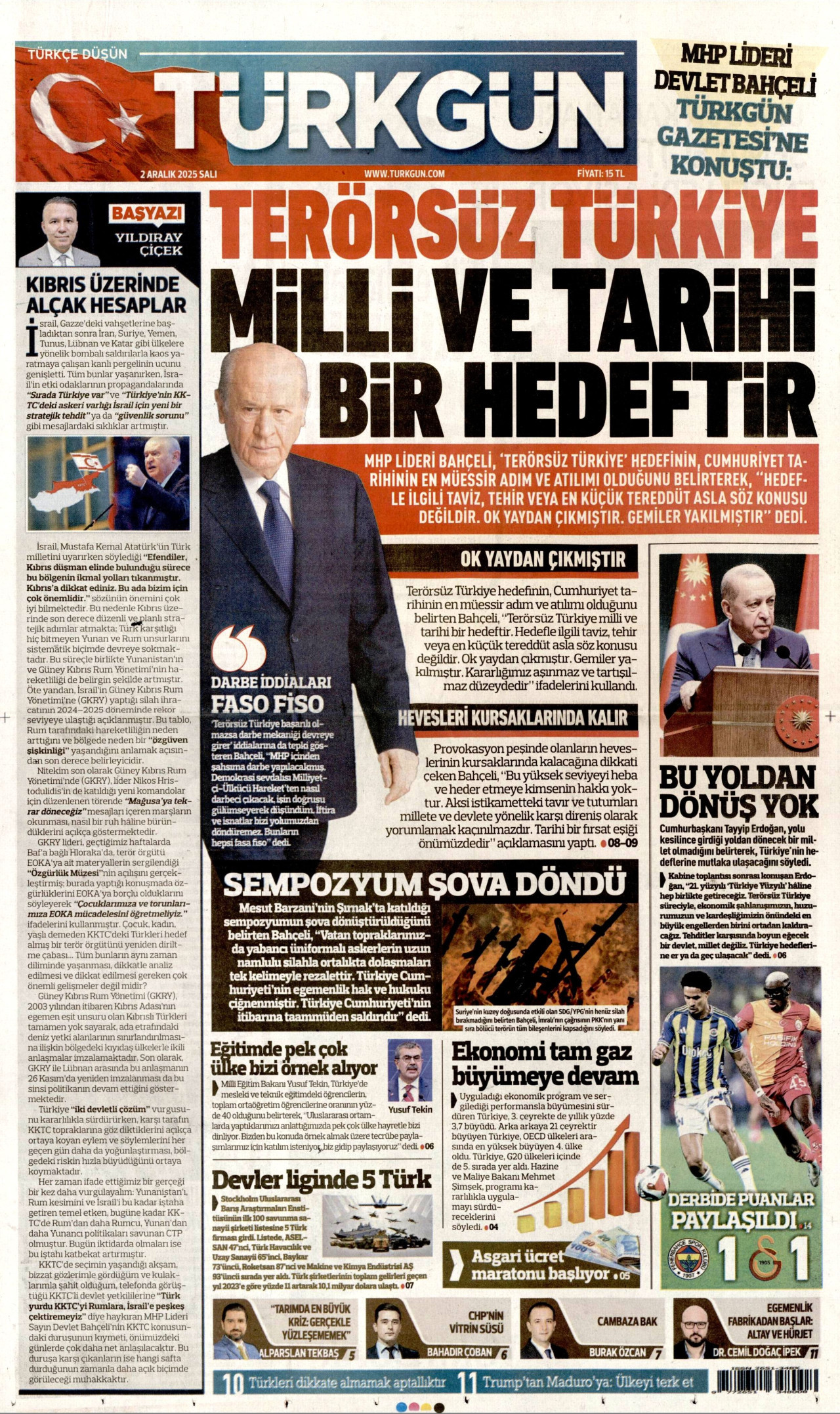 TÜRKGÜN gazetesinin 2 Aralık 2025 tarihli birinci sayfası