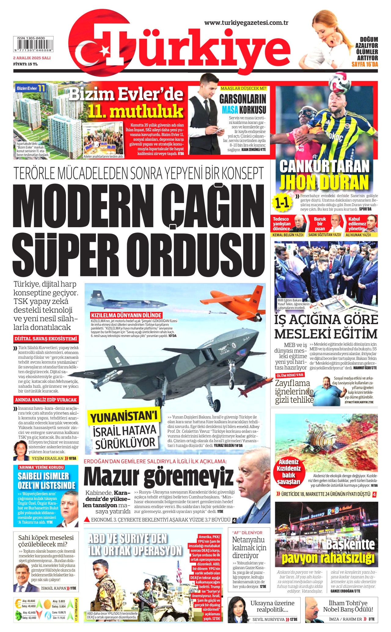 TÜRKİYE GAZETESİ gazetesinin 2 Aralık 2025 tarihli birinci sayfası