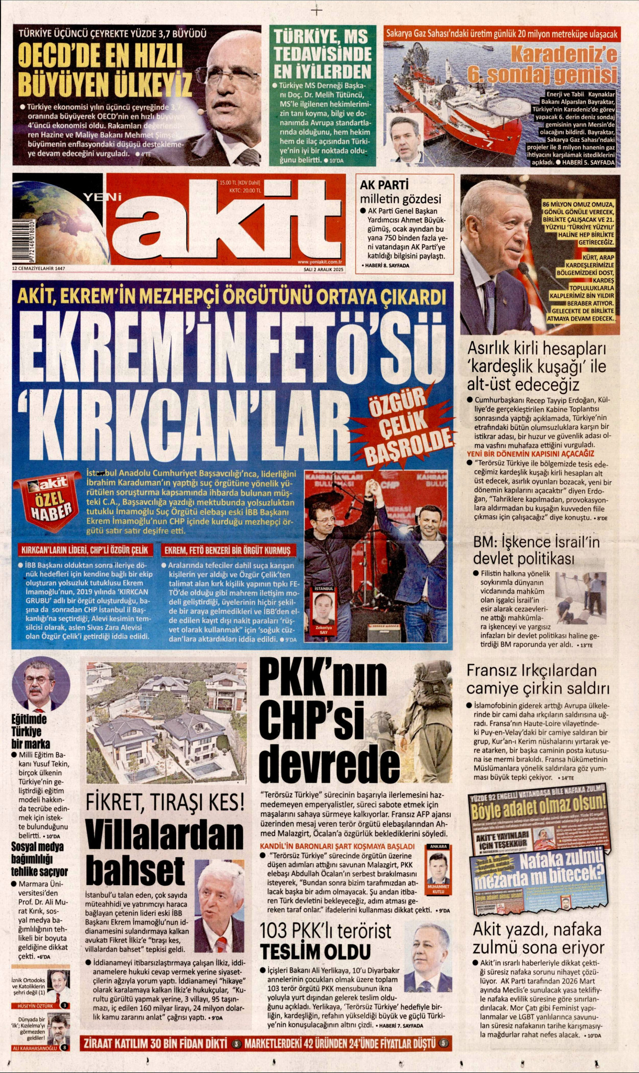 YENİ AKİT gazetesinin 2 Aralık 2025 tarihli birinci sayfası