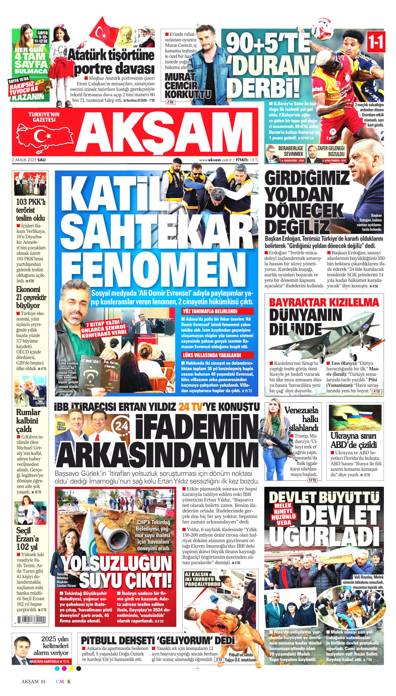 AKŞAM gazetesinin 2 Aralık 2025 tarihli birinci sayfası