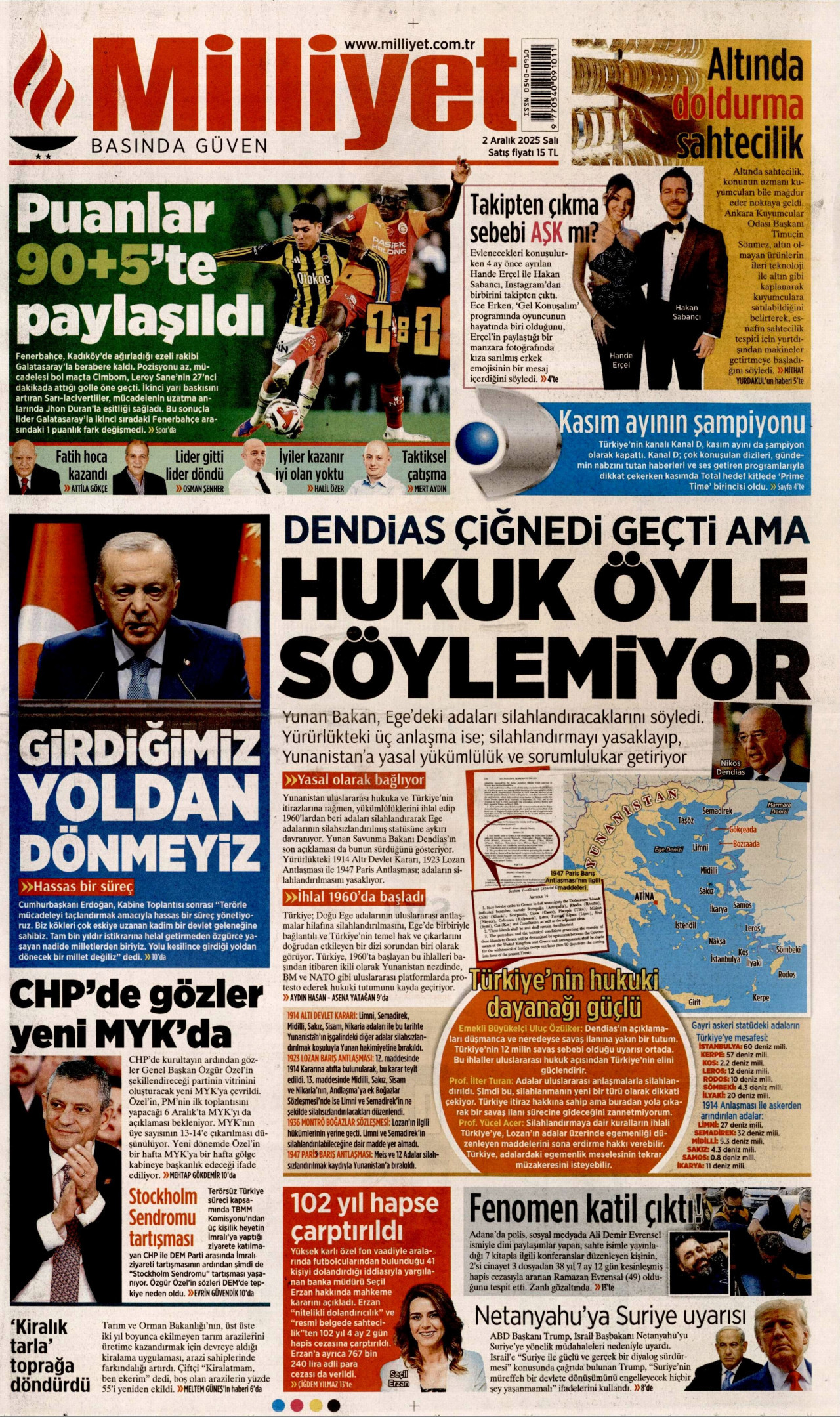 MİLLİYET gazetesinin 2 Aralık 2025 tarihli birinci sayfası