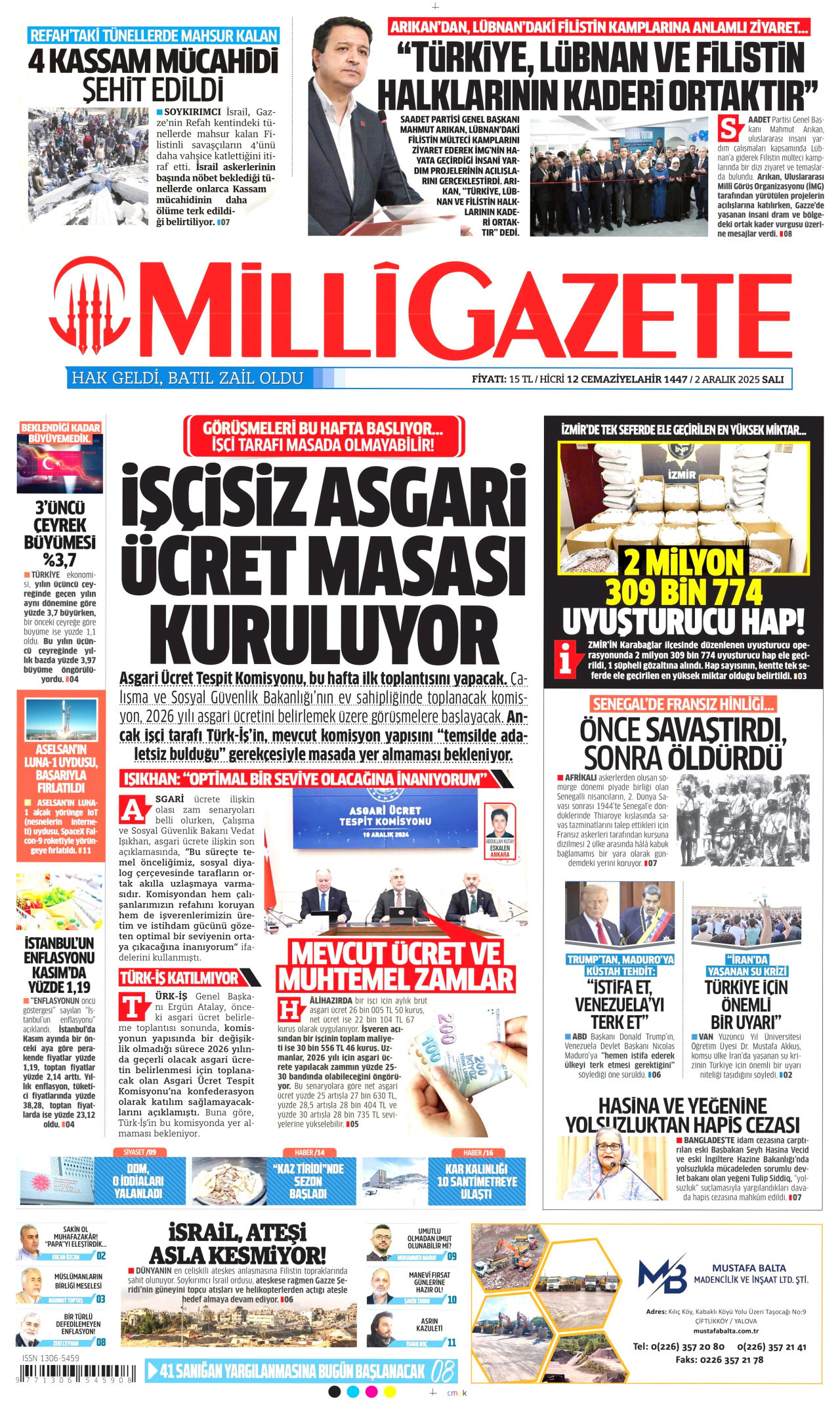 MİLLİ GAZETE gazetesinin 2 Aralık 2025 tarihli birinci sayfası