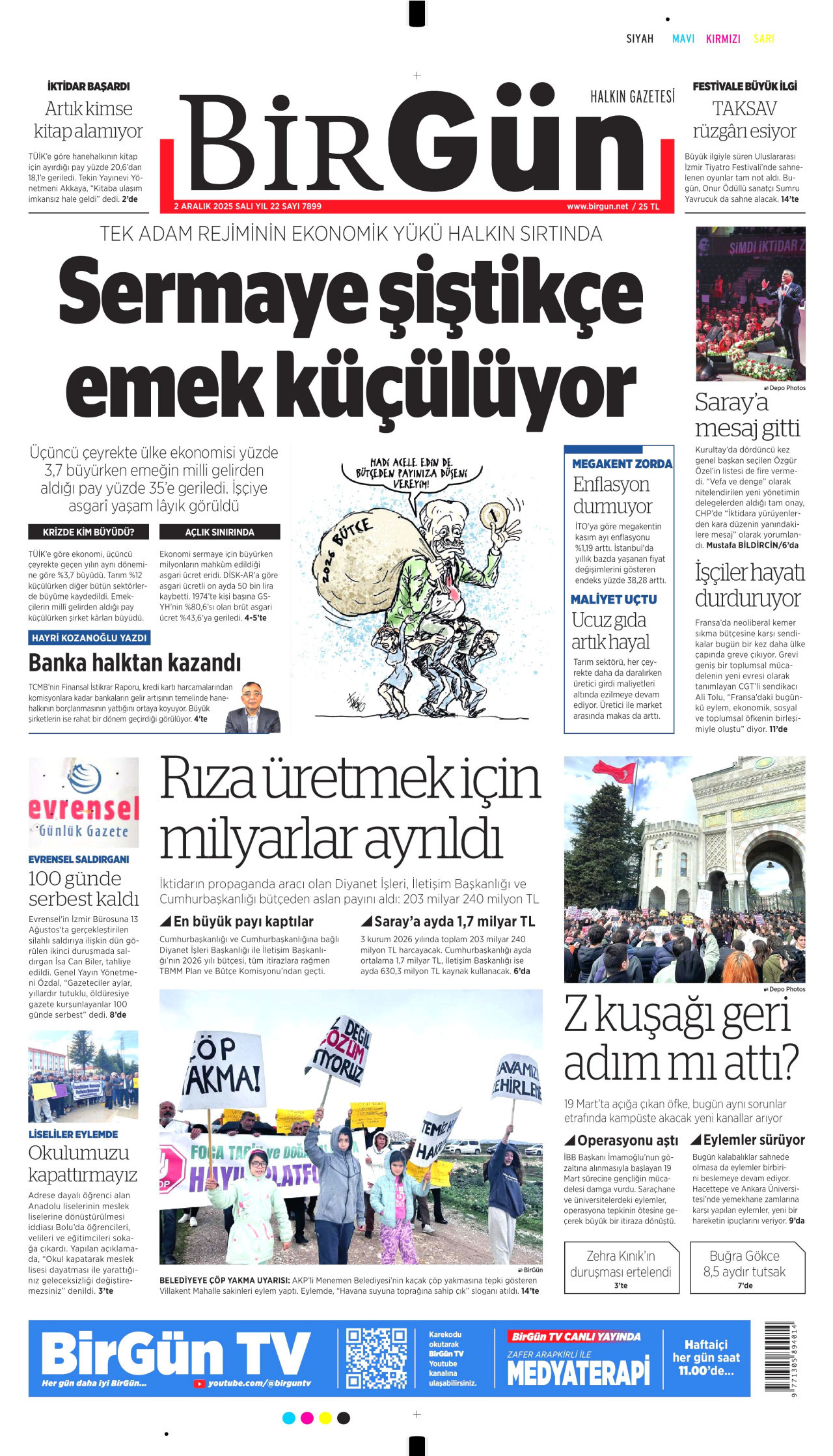 BİRGÜN gazetesinin 2 Aralık 2025 tarihli birinci sayfası