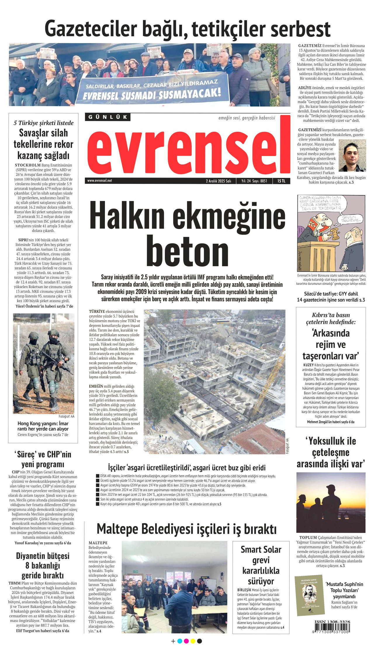 EVRENSEL gazetesinin 2 Aralık 2025 tarihli birinci sayfası