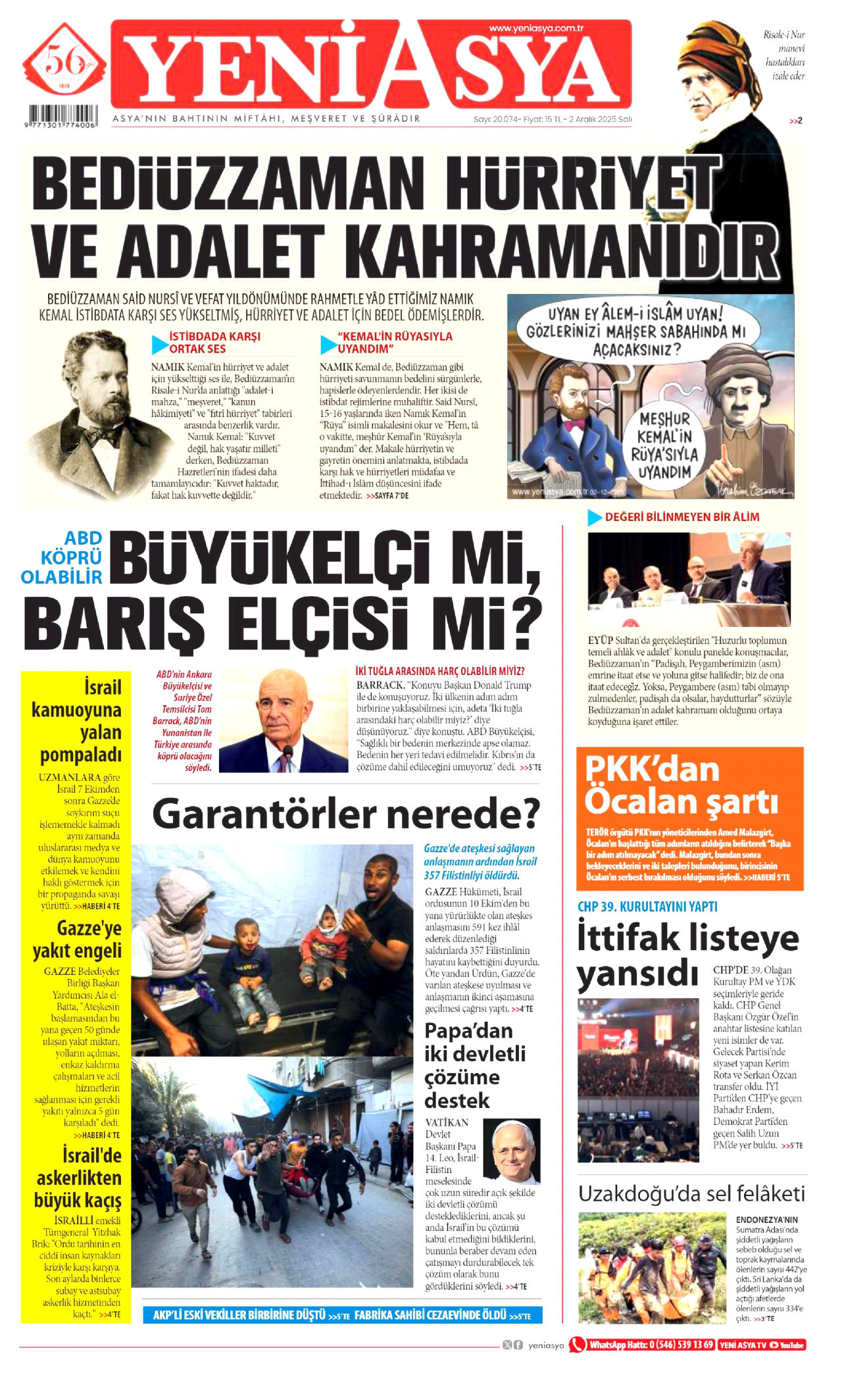 YENİ ASYA gazetesinin 2 Aralık 2025 tarihli birinci sayfası