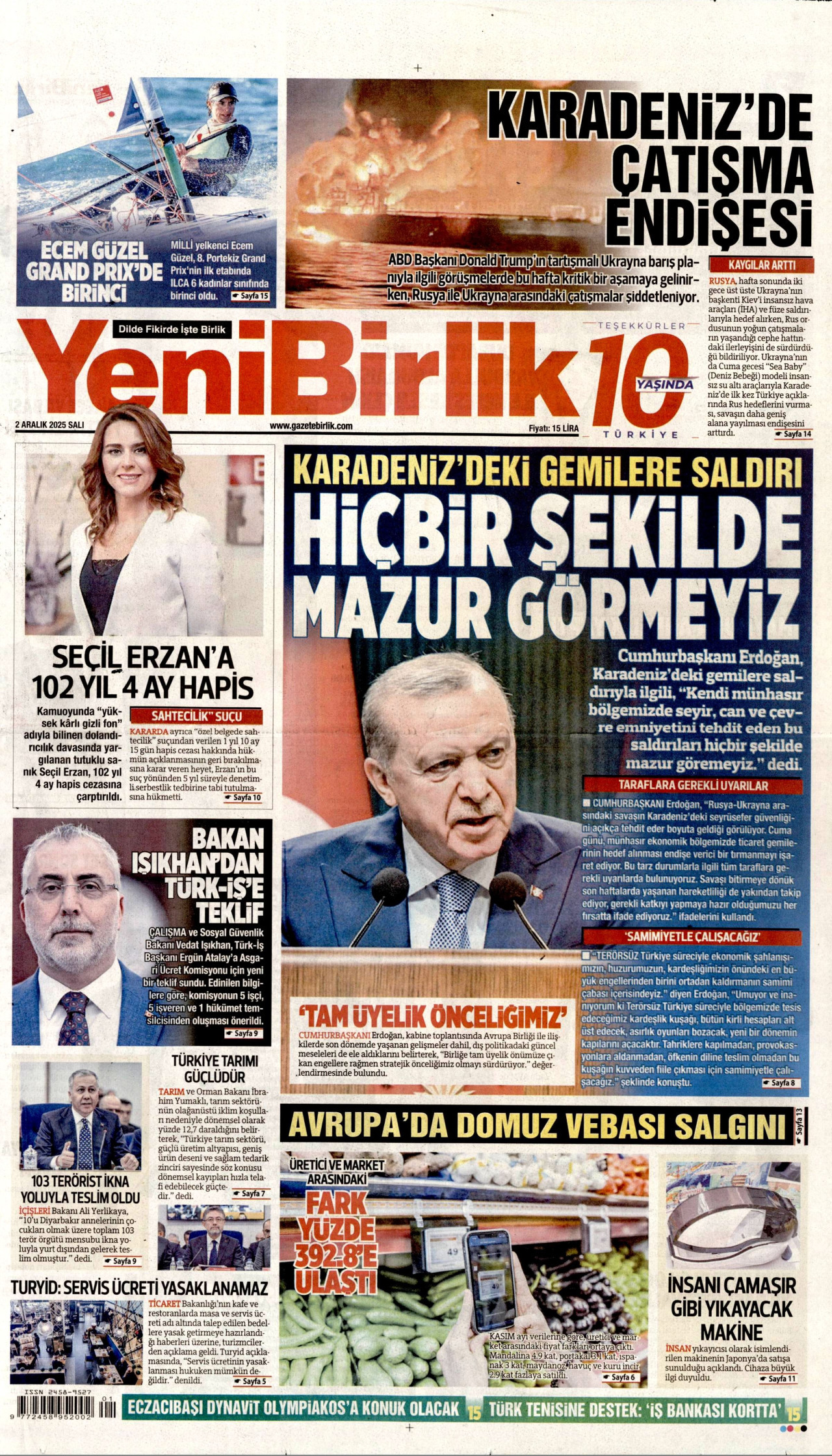 YENİBİRLİK gazetesinin 2 Aralık 2025 tarihli birinci sayfası
