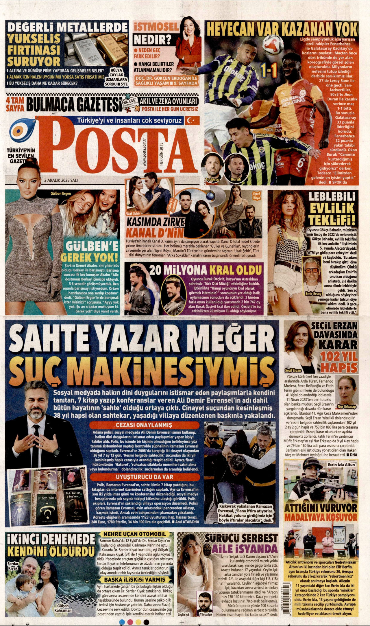 POSTA gazetesinin 2 Aralık 2025 tarihli birinci sayfası