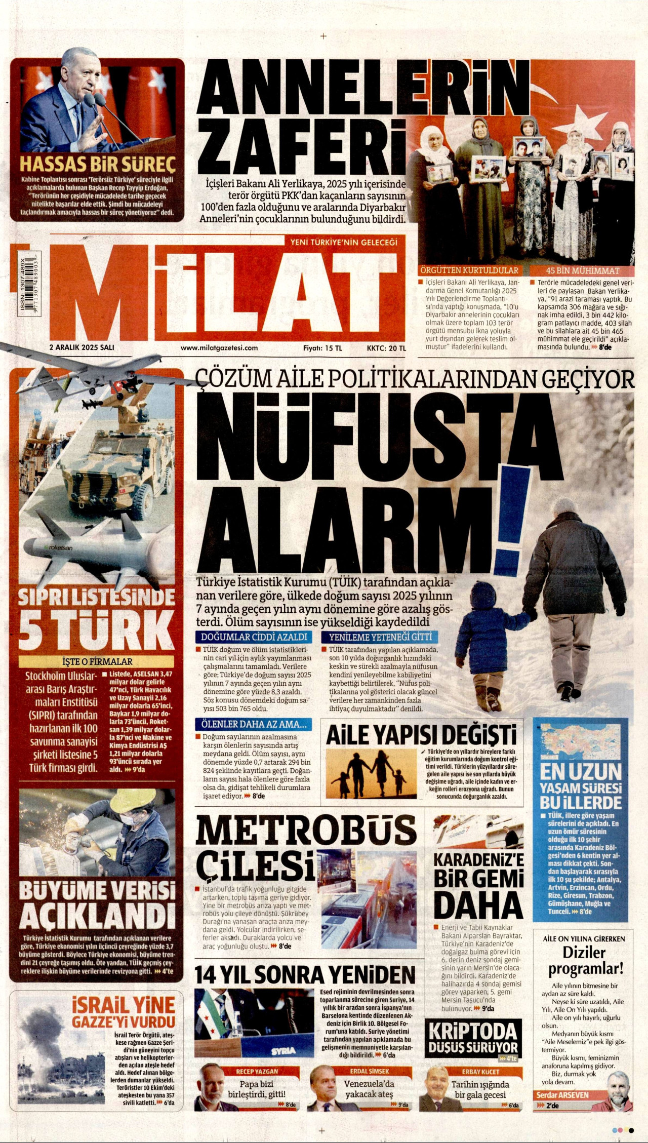 MİLAT gazetesinin 2 Aralık 2025 tarihli birinci sayfası