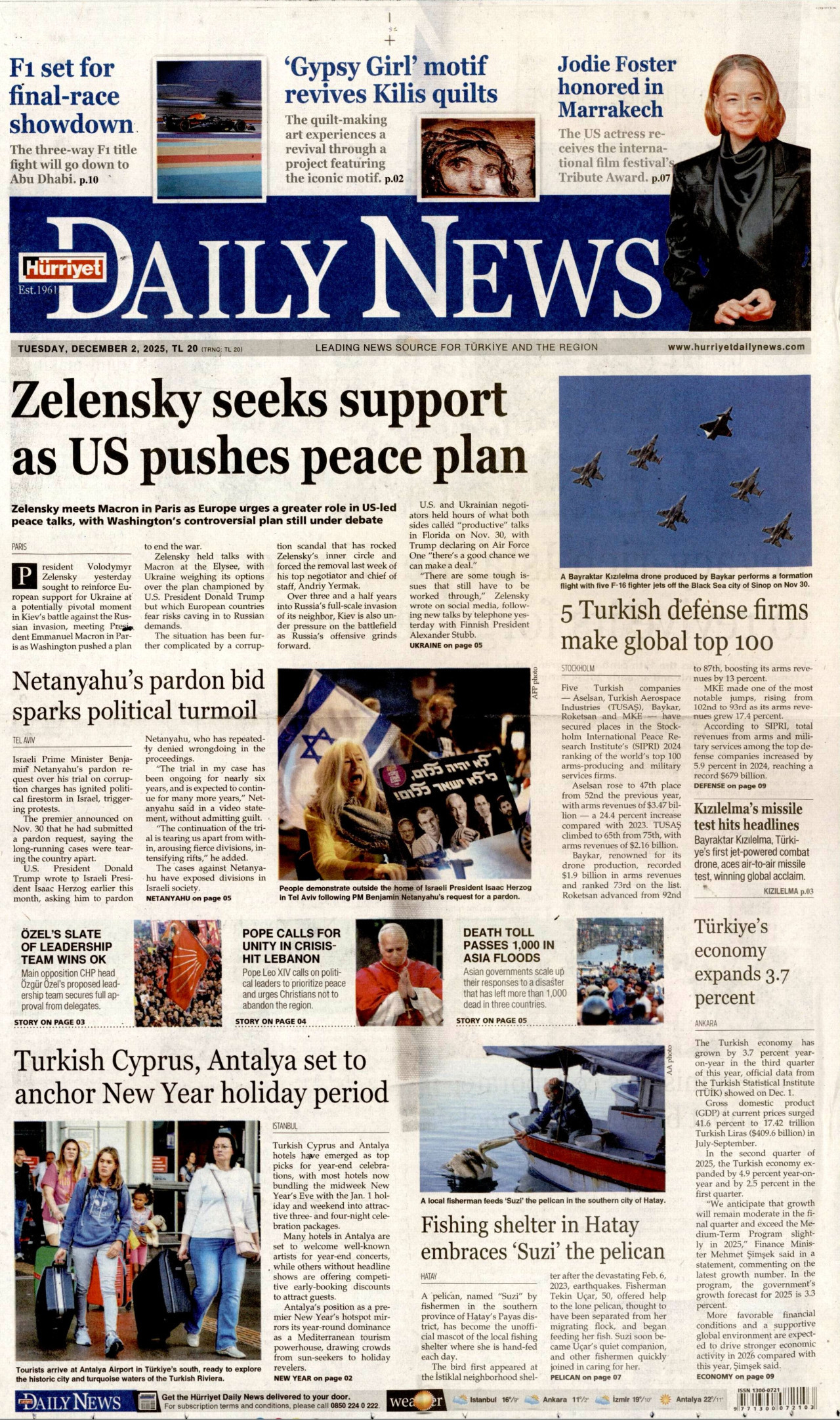 HÜRRİYET DAİLY NEWS gazetesinin 2 Aralık 2025 tarihli birinci sayfası