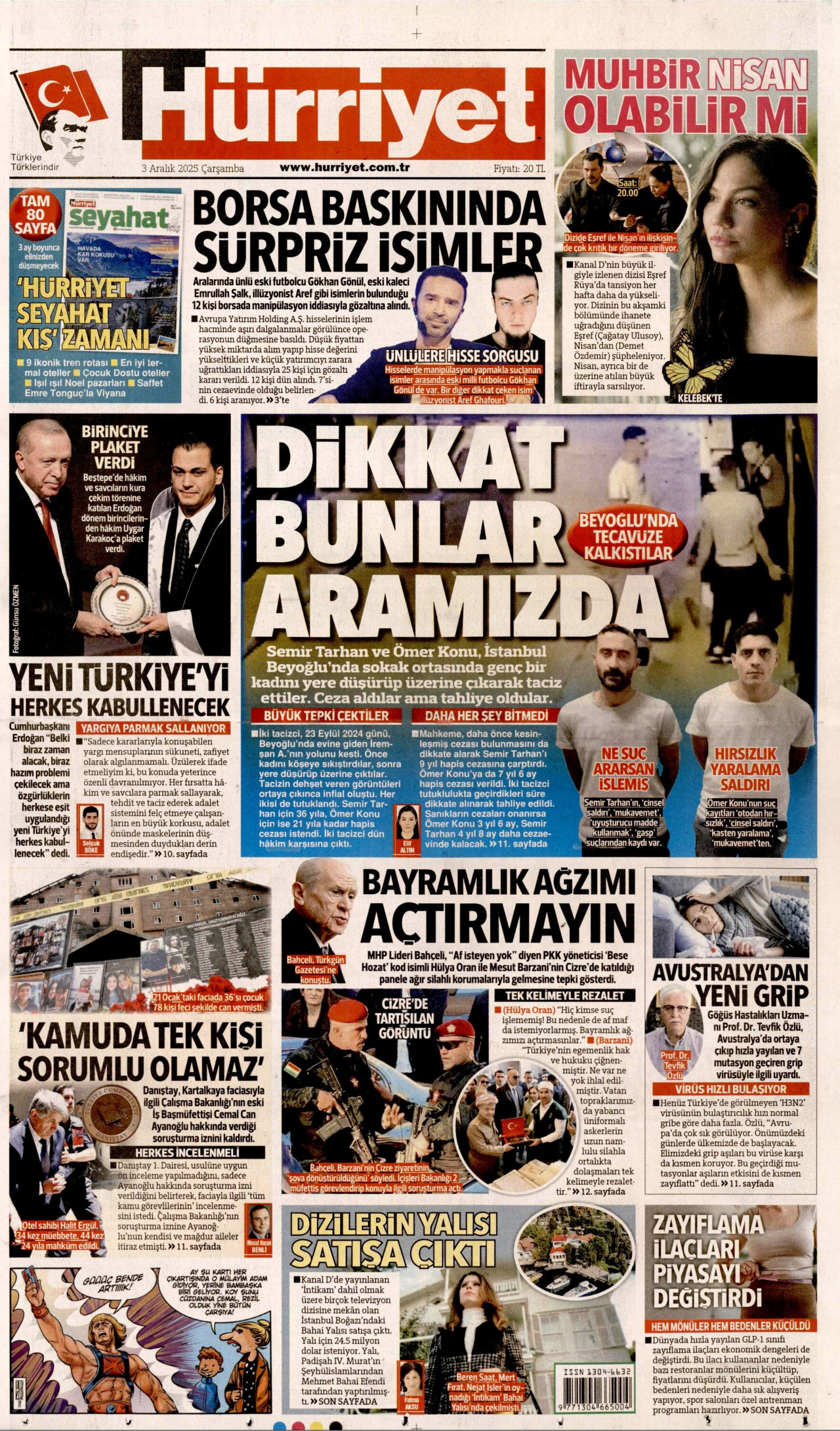 HÜRRİYET gazetesinin 3 Aralık 2025 tarihli birinci sayfası