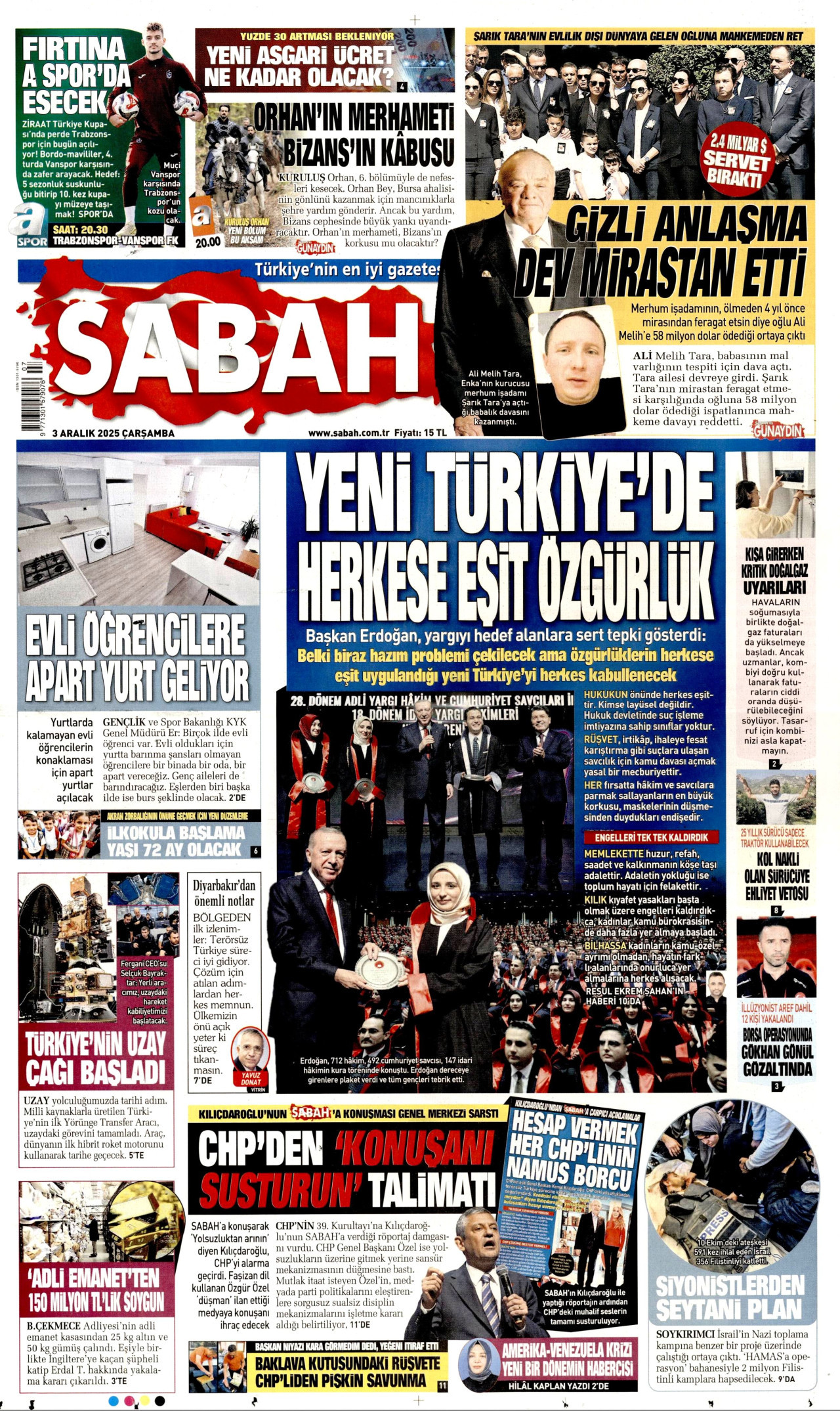 SABAH gazetesinin 3 Aralık 2025 tarihli birinci sayfası