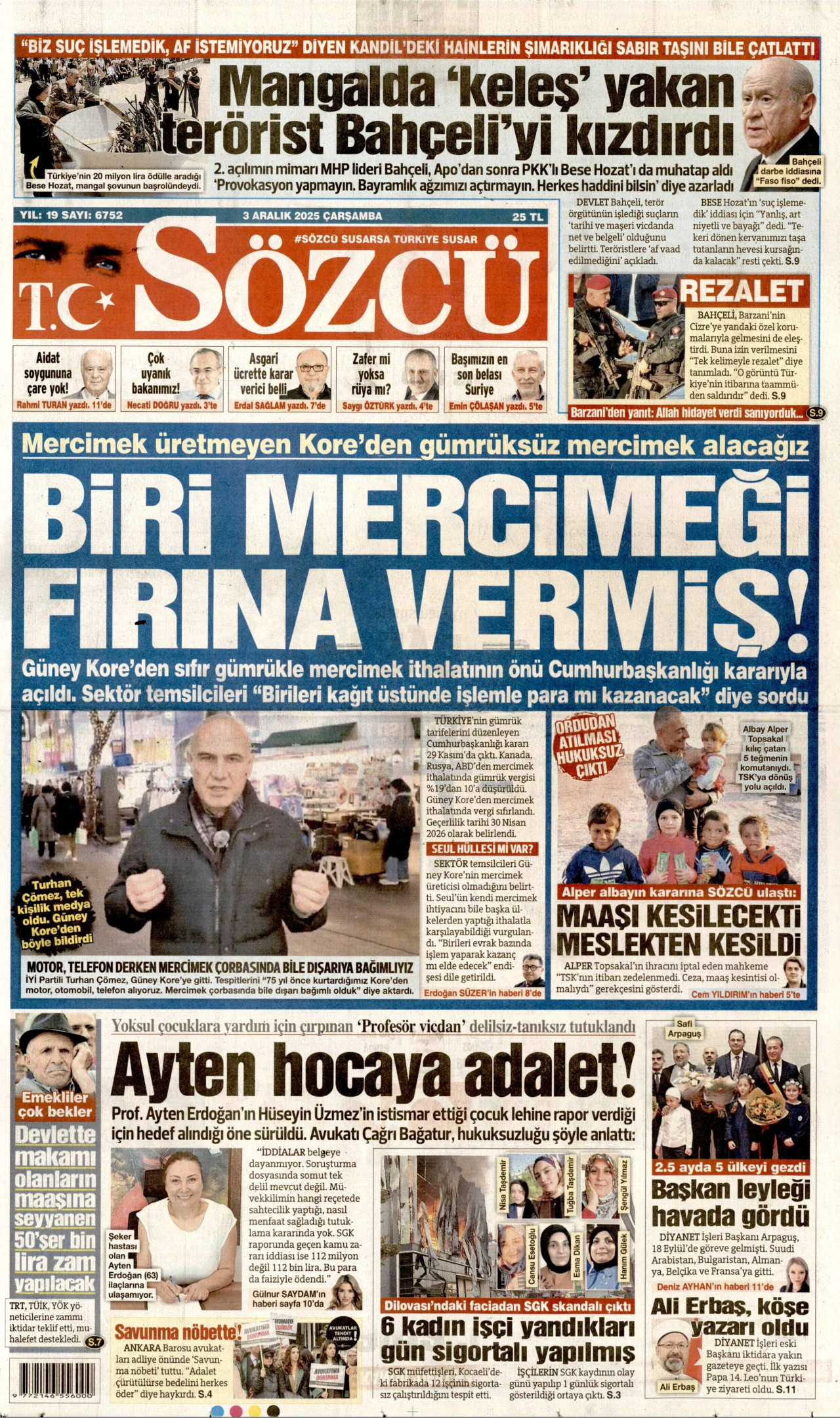 SÖZCÜ gazetesinin 3 Aralık 2025 tarihli birinci sayfası