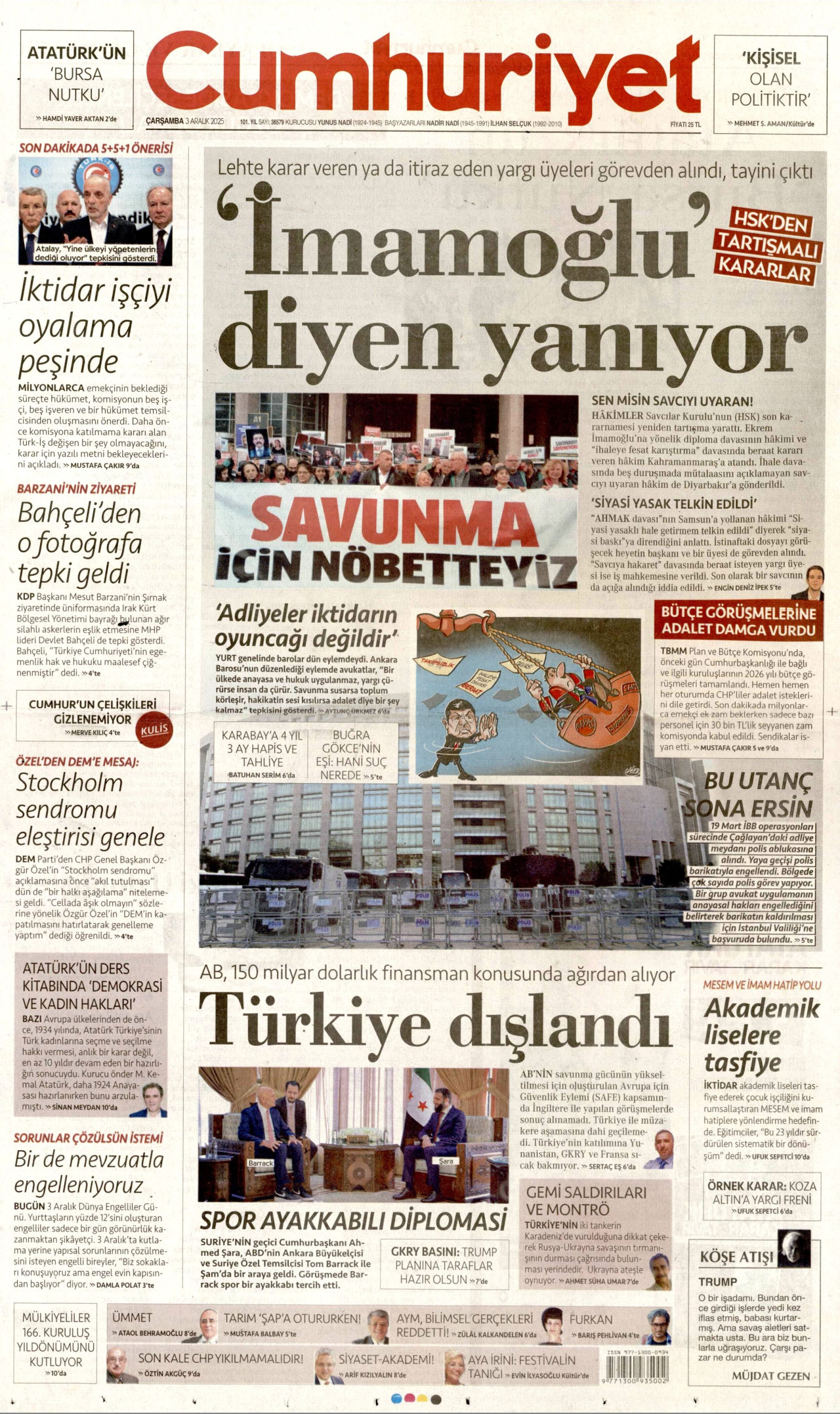 CUMHURİYET gazetesinin 3 Aralık 2025 tarihli birinci sayfası