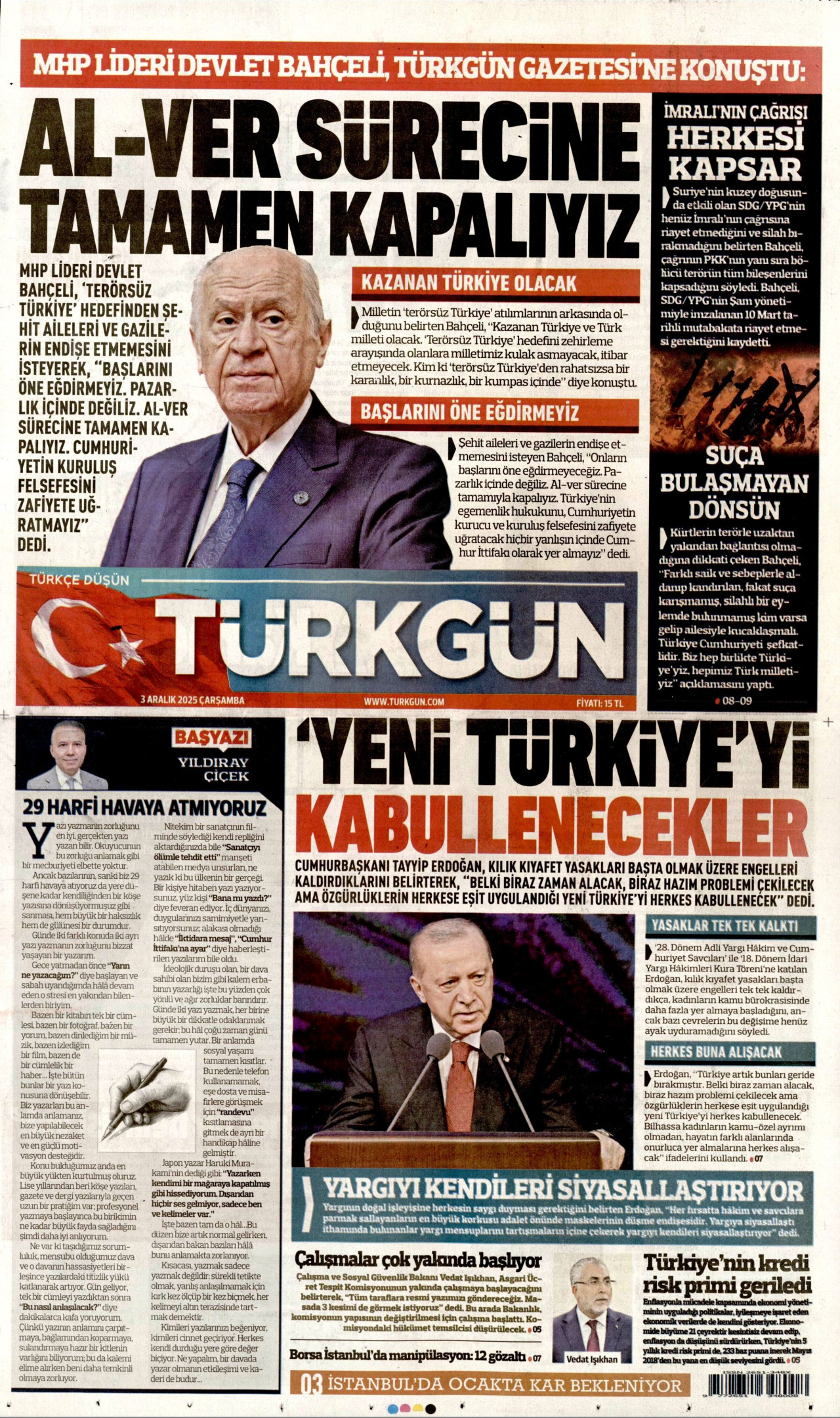 TÜRKGÜN gazetesinin 3 Aralık 2025 tarihli birinci sayfası