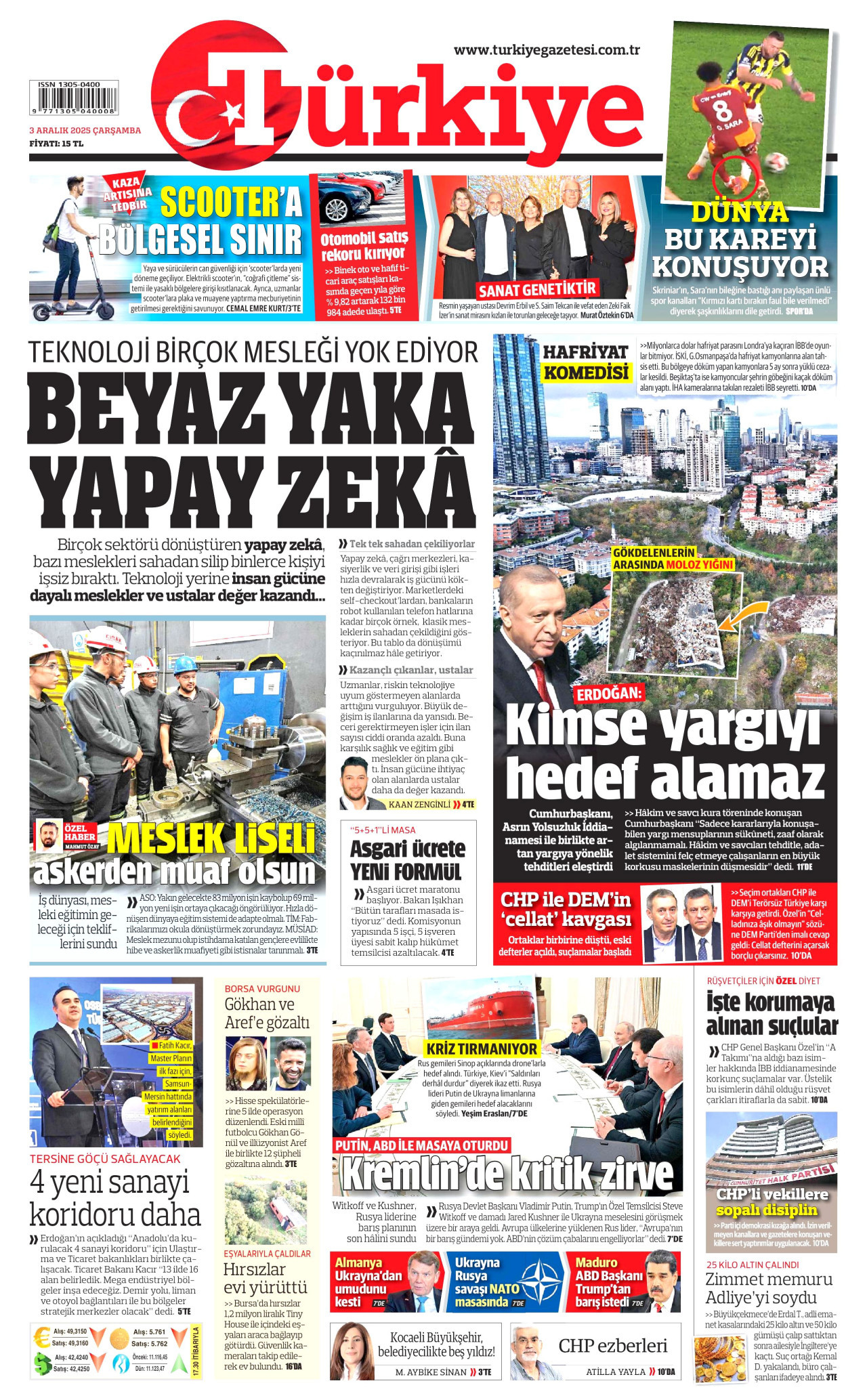 TÜRKİYE GAZETESİ gazetesinin 3 Aralık 2025 tarihli birinci sayfası
