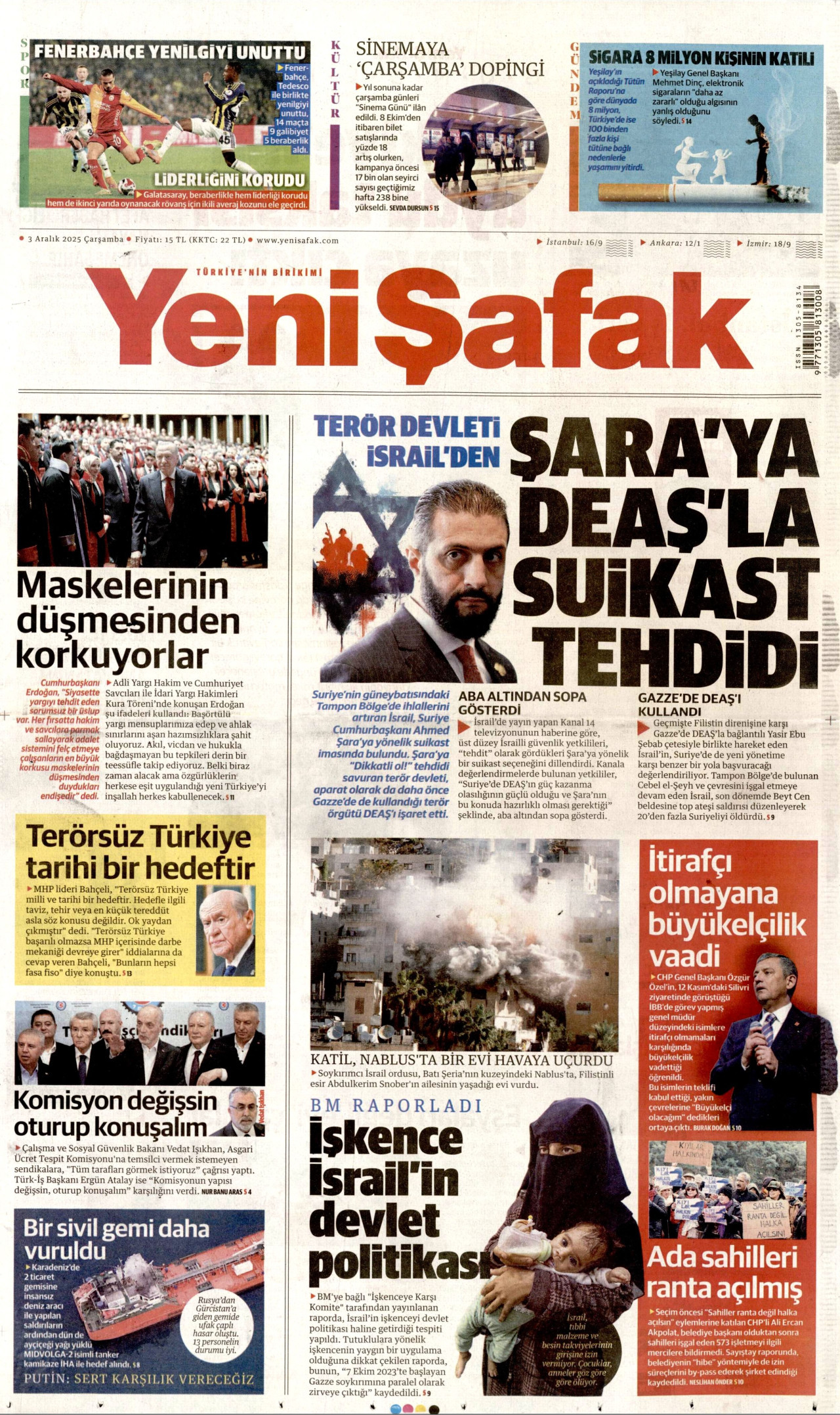 YENİ ŞAFAK gazetesinin 3 Aralık 2025 tarihli birinci sayfası