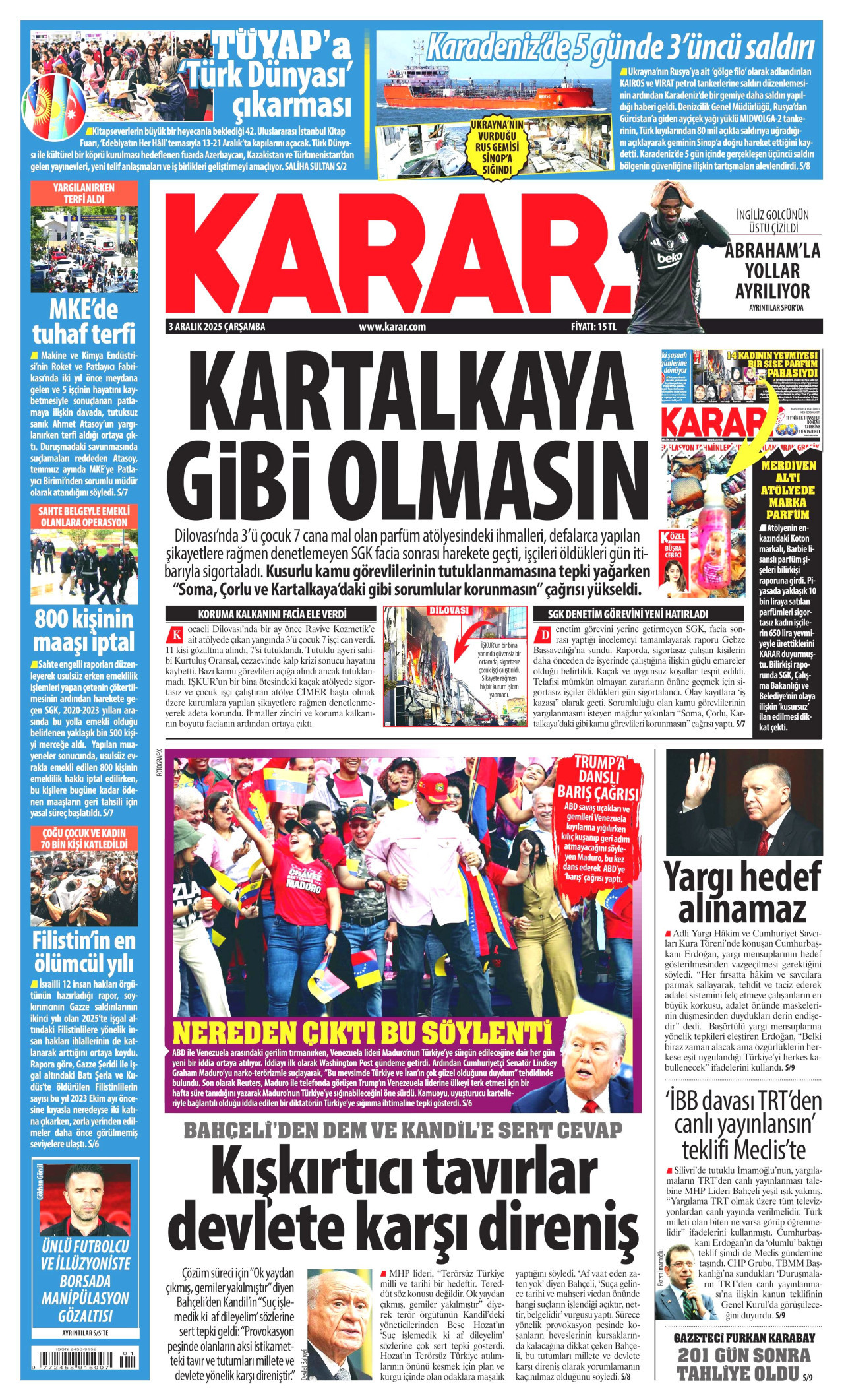 KARAR gazetesinin 3 Aralık 2025 tarihli birinci sayfası