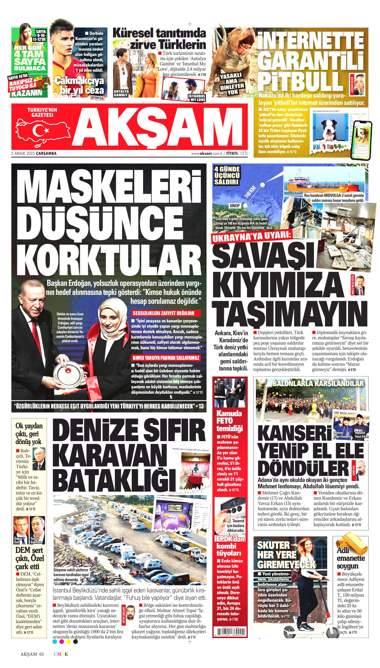 AKŞAM gazetesinin 3 Aralık 2025 tarihli birinci sayfası
