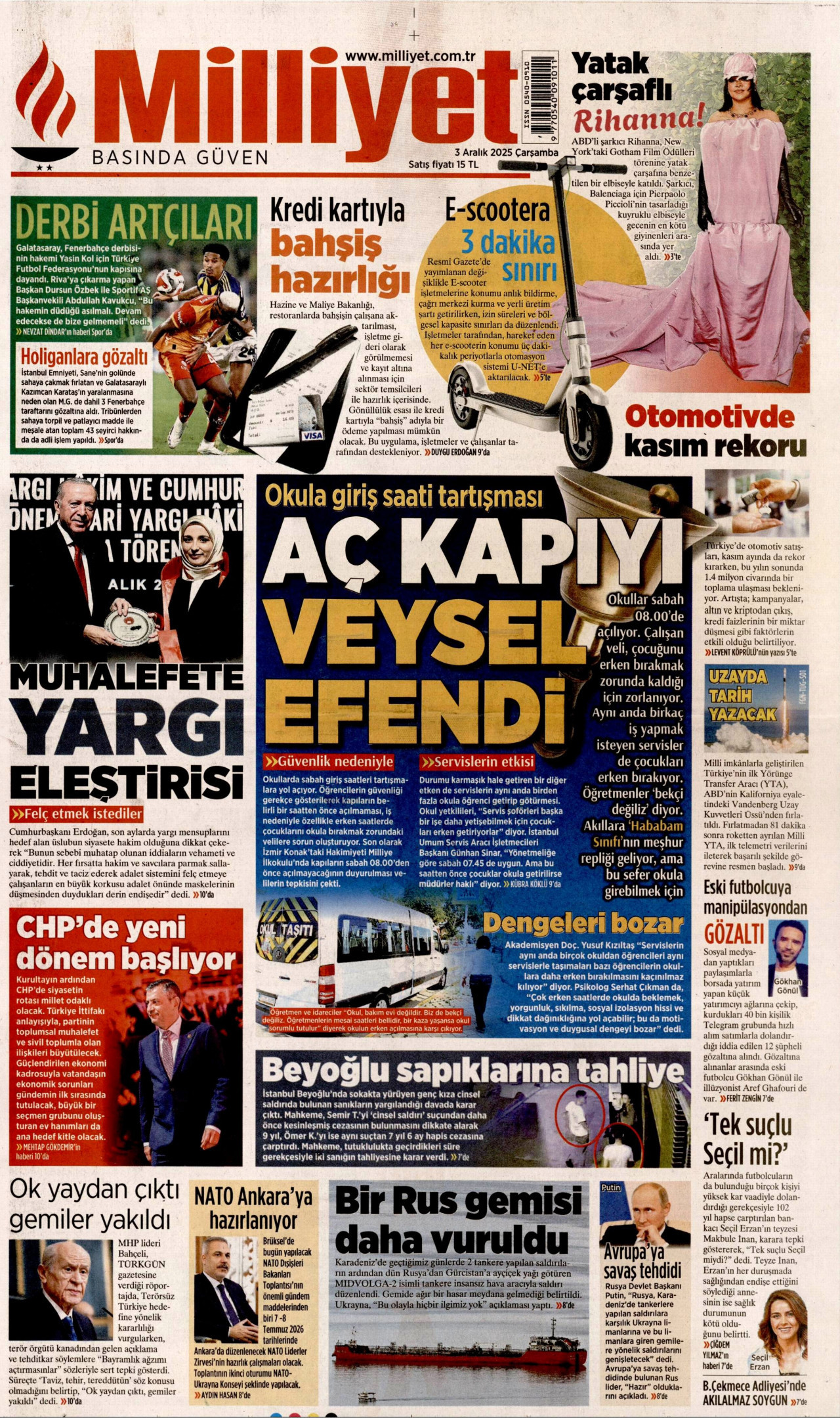 MİLLİYET gazetesinin 3 Aralık 2025 tarihli birinci sayfası