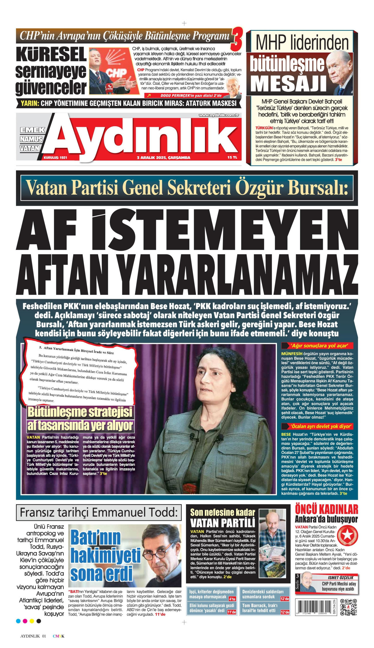 AYDINLIK GAZETESİ gazetesinin 3 Aralık 2025 tarihli birinci sayfası