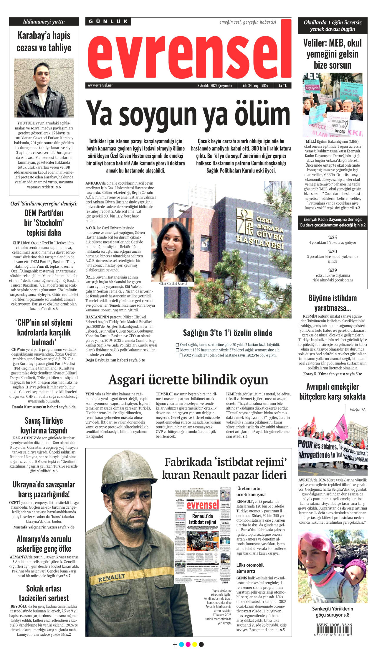 EVRENSEL gazetesinin 3 Aralık 2025 tarihli birinci sayfası