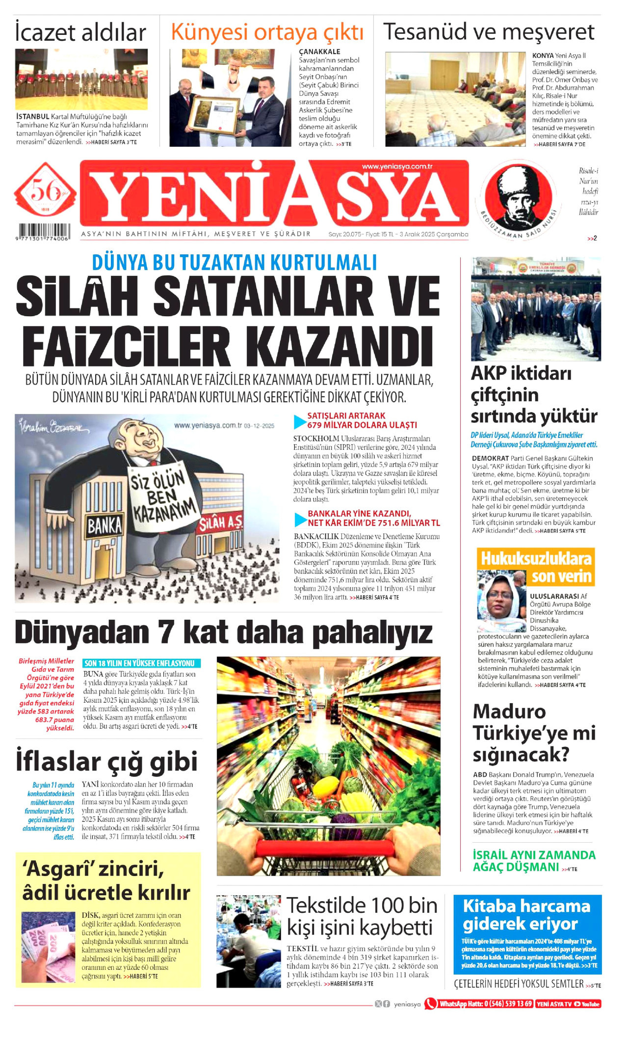 YENİ ASYA gazetesinin 3 Aralık 2025 tarihli birinci sayfası